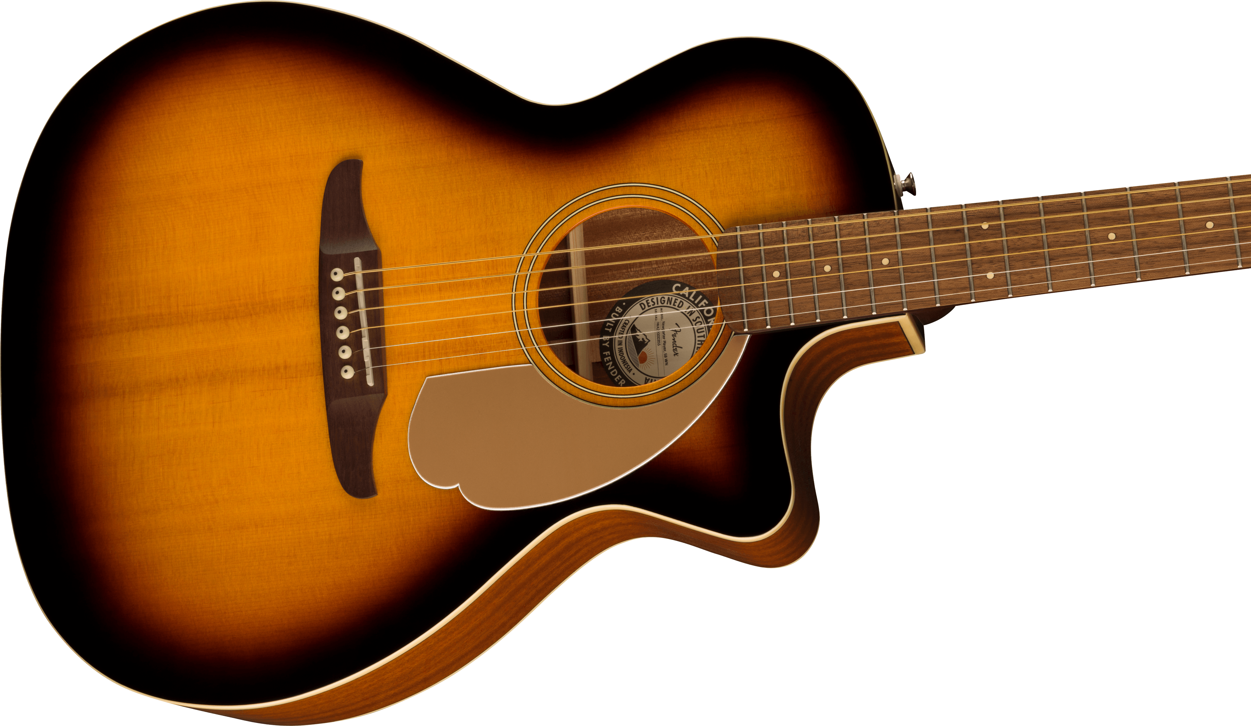 Sunburst acoustic guitar with a cutaway body, six strings, light brown pickguard, and dot inlays on the fretboard.