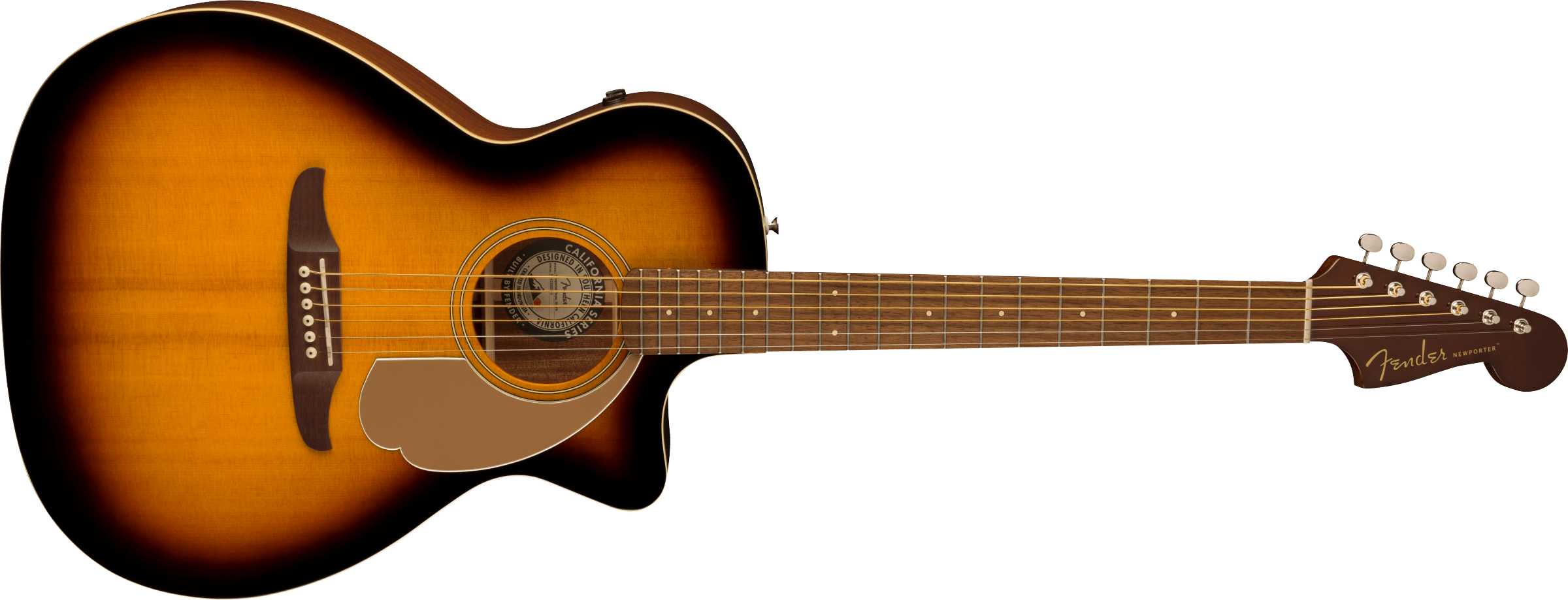 Fender Newporter acoustic guitar with sunburst finish, cutaway body, six strings, wooden fretboard, and distinctively shaped headstock.