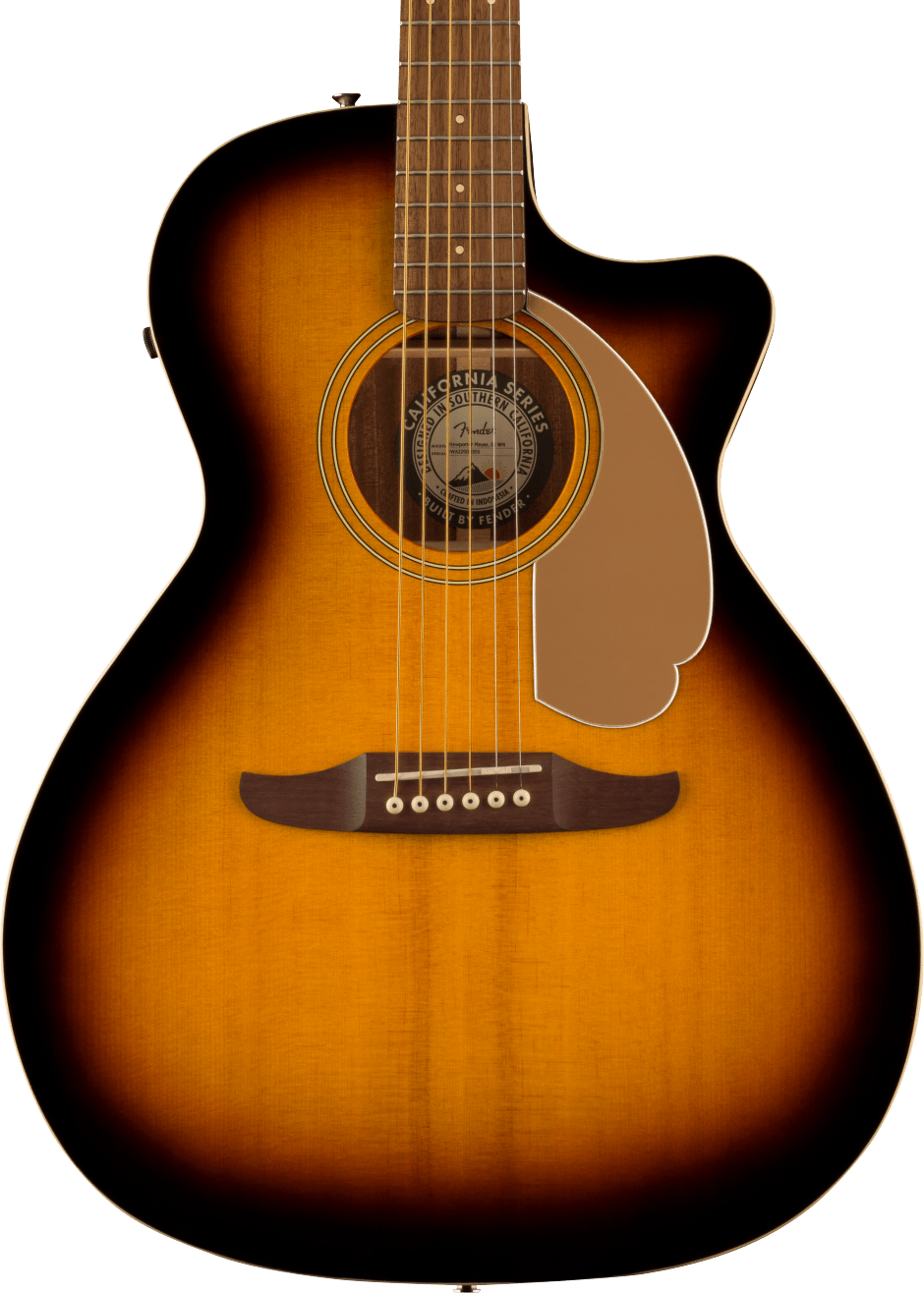 Sunburst-finish acoustic guitar with a cutaway, gold pickguard, six strings, round soundhole, and California Series label inside the body.
