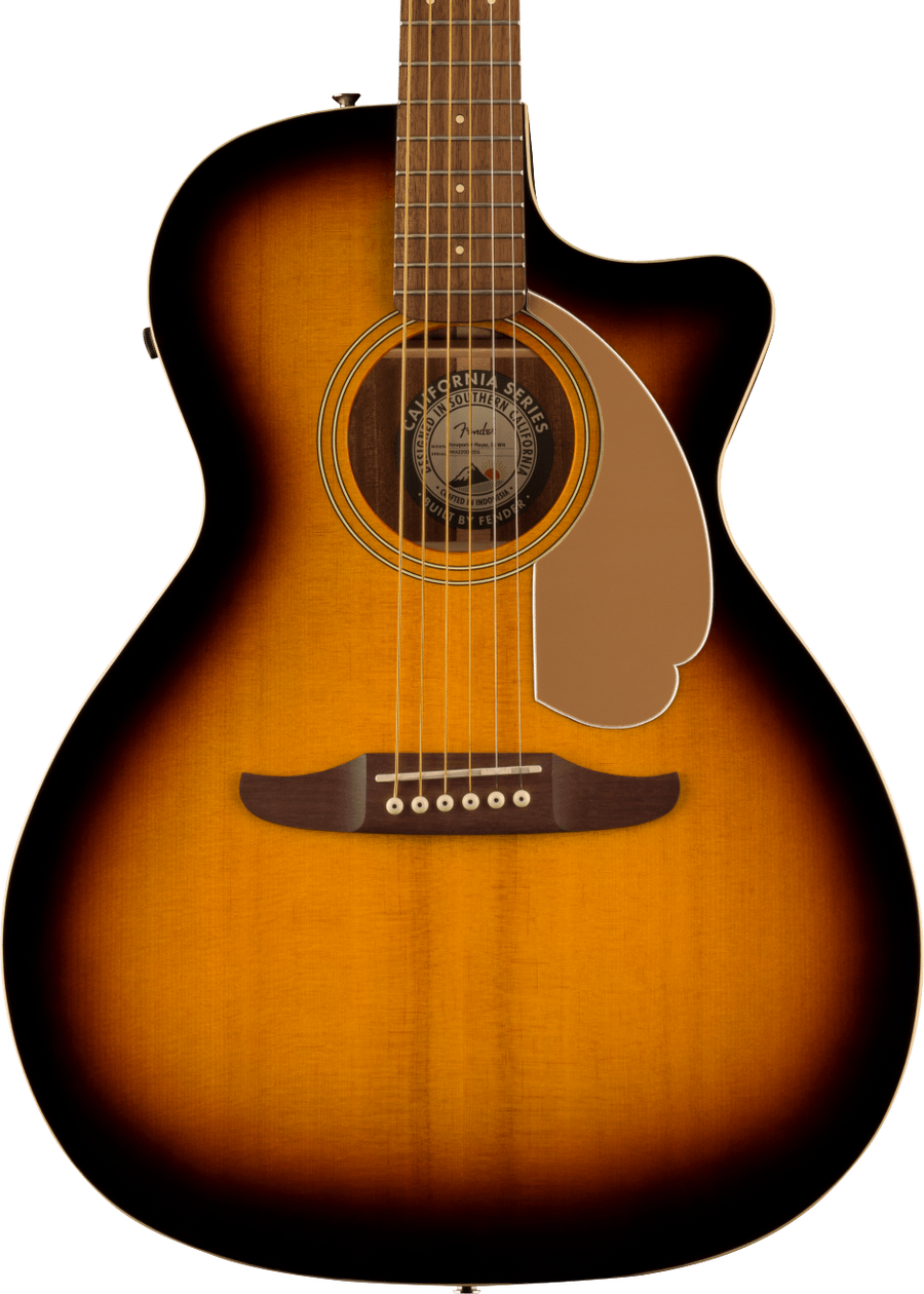 Sunburst-finish acoustic guitar with a cutaway, gold pickguard, six strings, round soundhole, and California Series label inside the body.