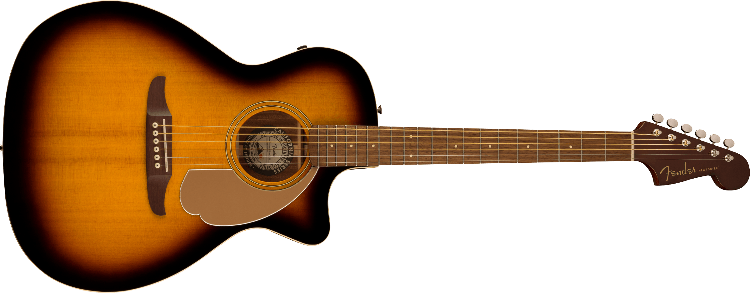 Sunburst Fender acoustic guitar with a cutaway body, dark wood bridge, brown pickguard, and six tuning pegs on a matching brown headstock.