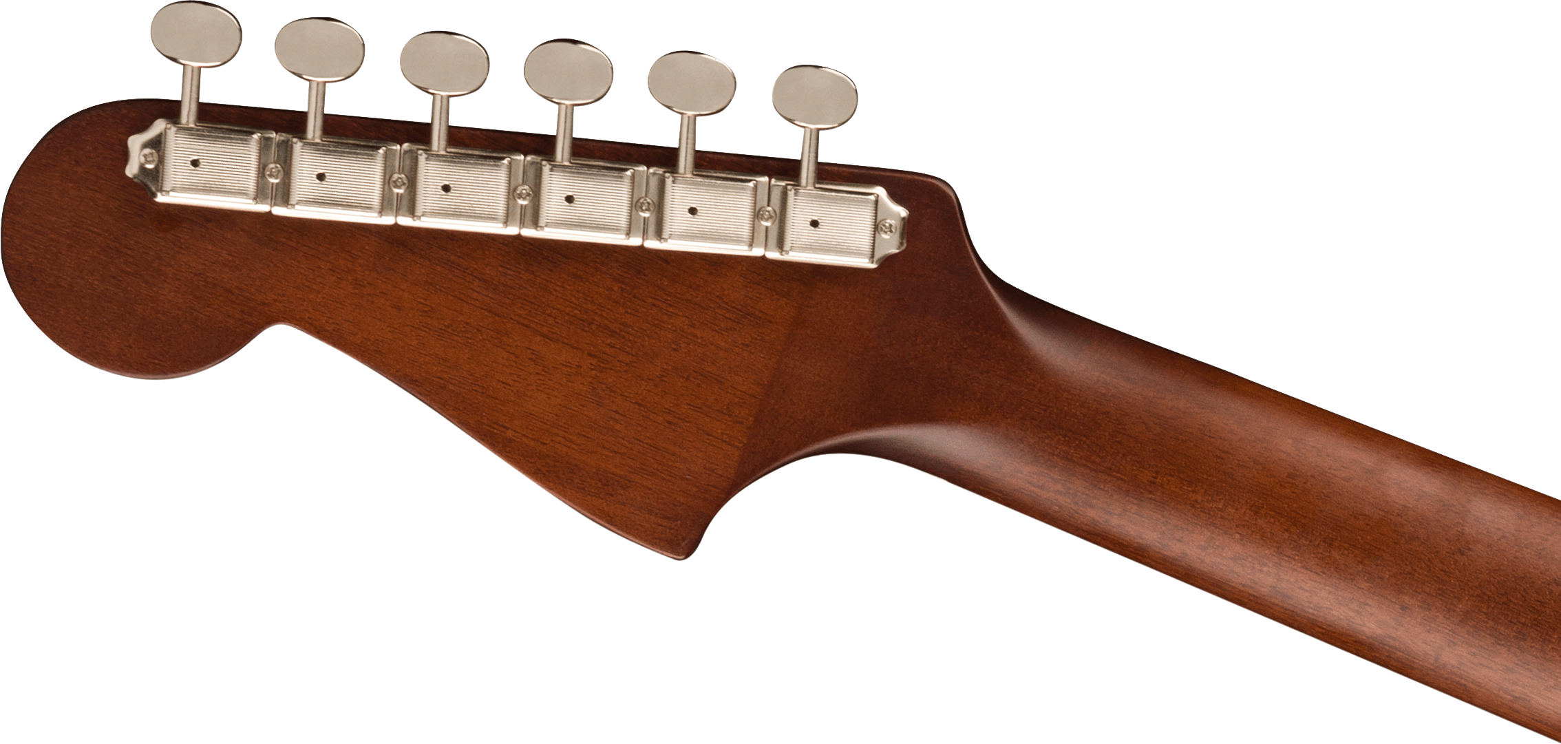 Back of an acoustic guitar headstock and neck, showing six vintage-style metal tuning pegs on a natural brown wood finish.