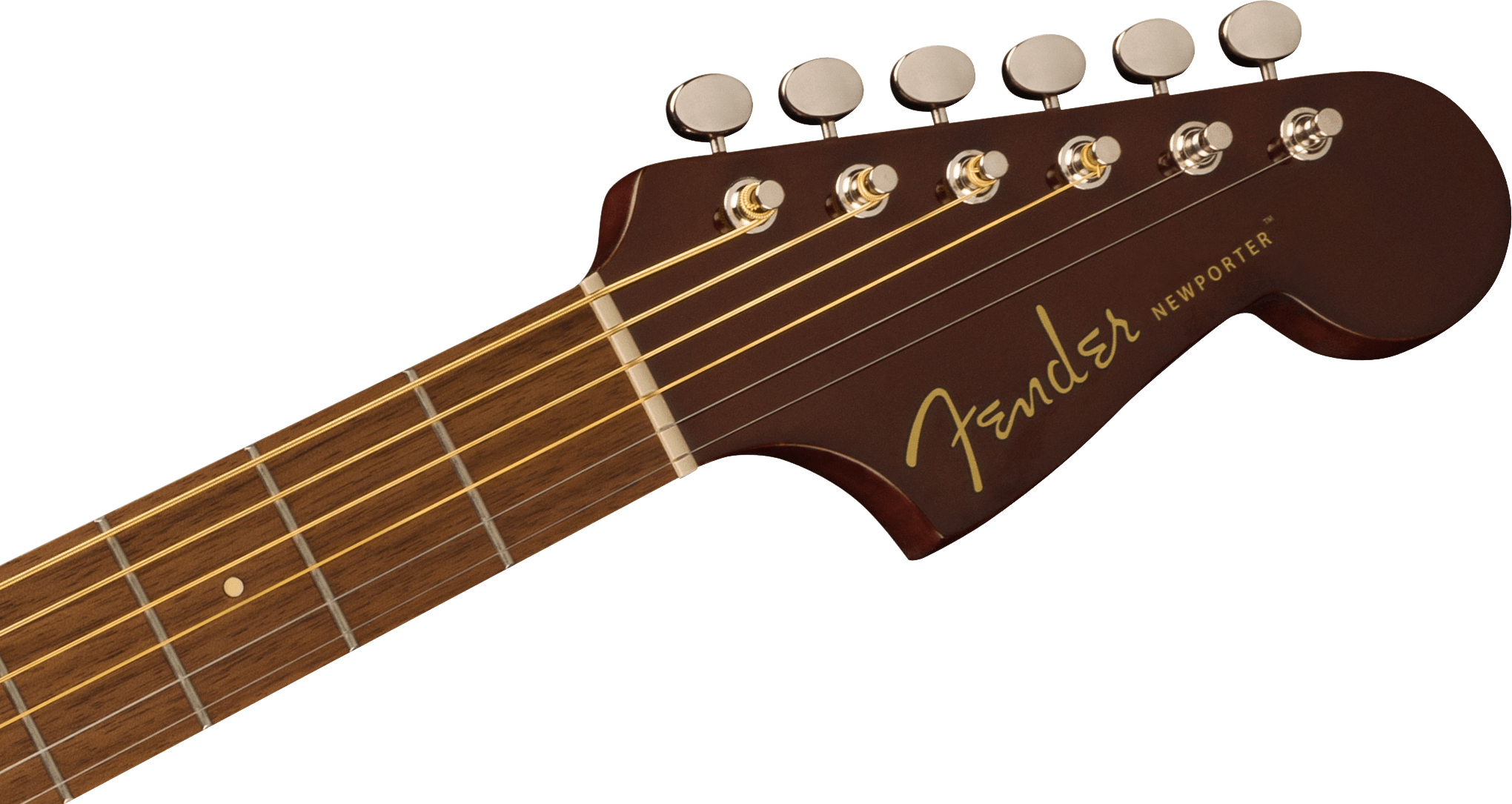 The headstock of a Fender Newporter acoustic guitar shows six tuning pegs, gold strings, and "Fender Newporter" written in yellow.