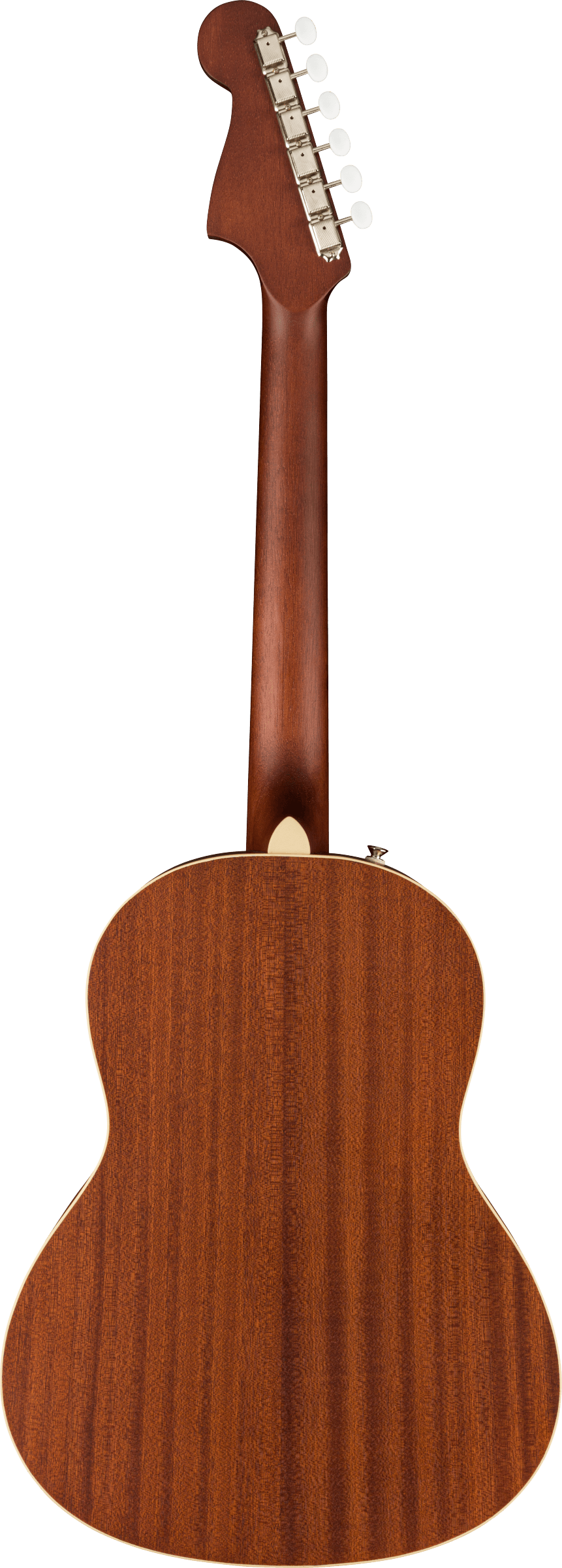 Back view of an acoustic guitar showing a mahogany wood finish, cream edge binding, and six tuning pegs on a solid headstock.