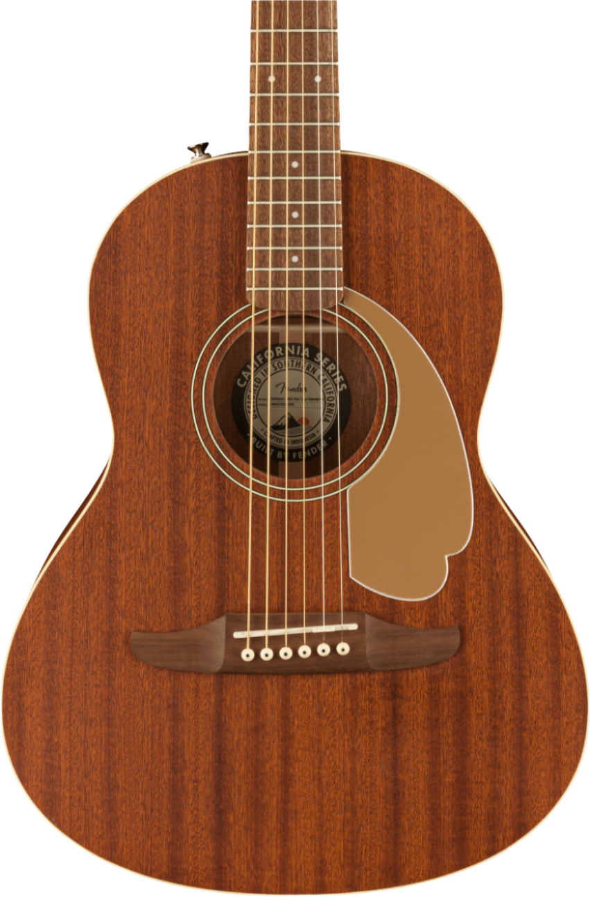 Small-bodied acoustic guitar with a rich brown wood finish, six strings, round soundhole, circular label inside, and a uniquely shaped gold pickguard.