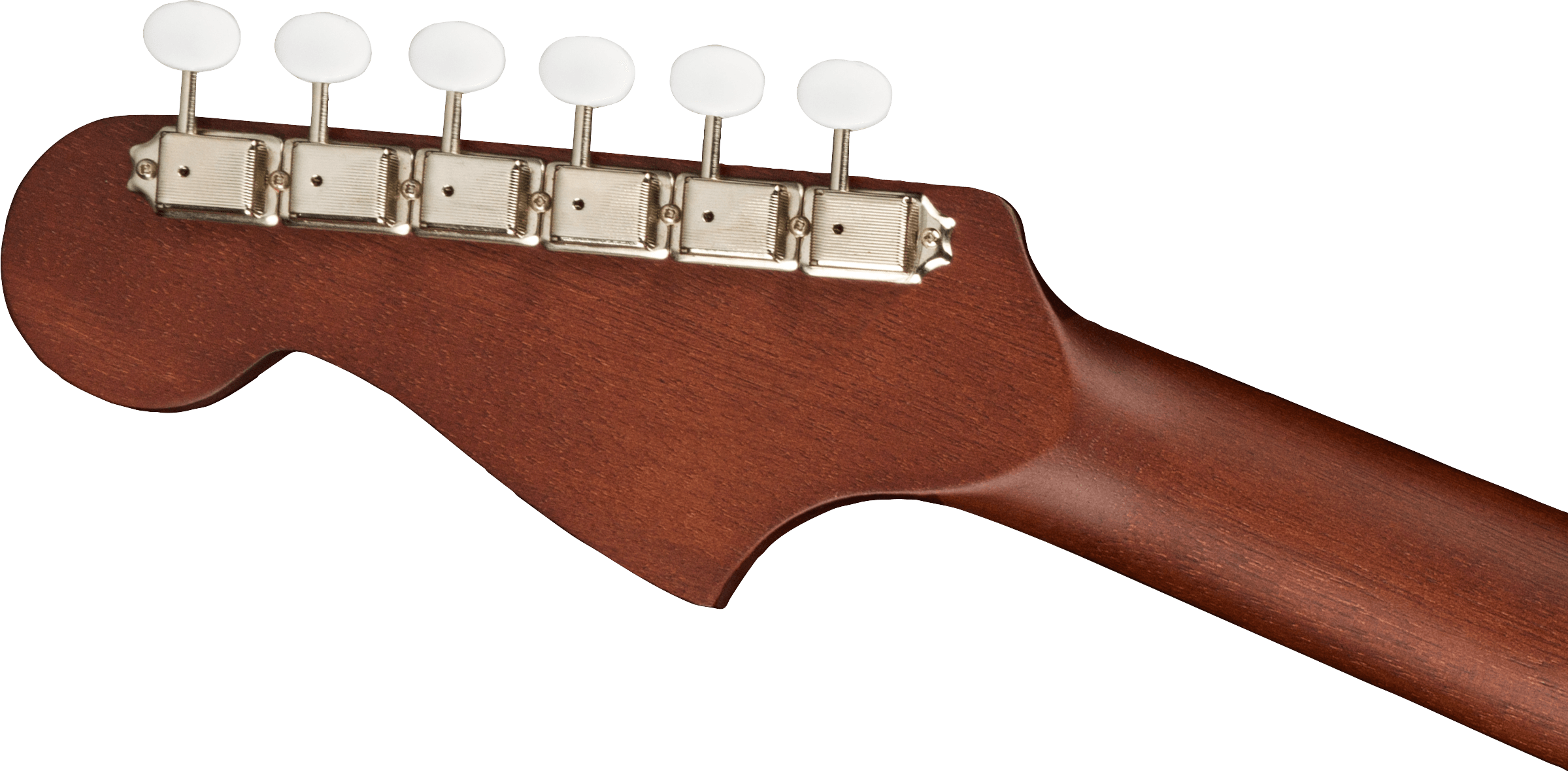 Six white tuning pegs and chrome tuners on a brown wooden acoustic guitar headstock and neck.