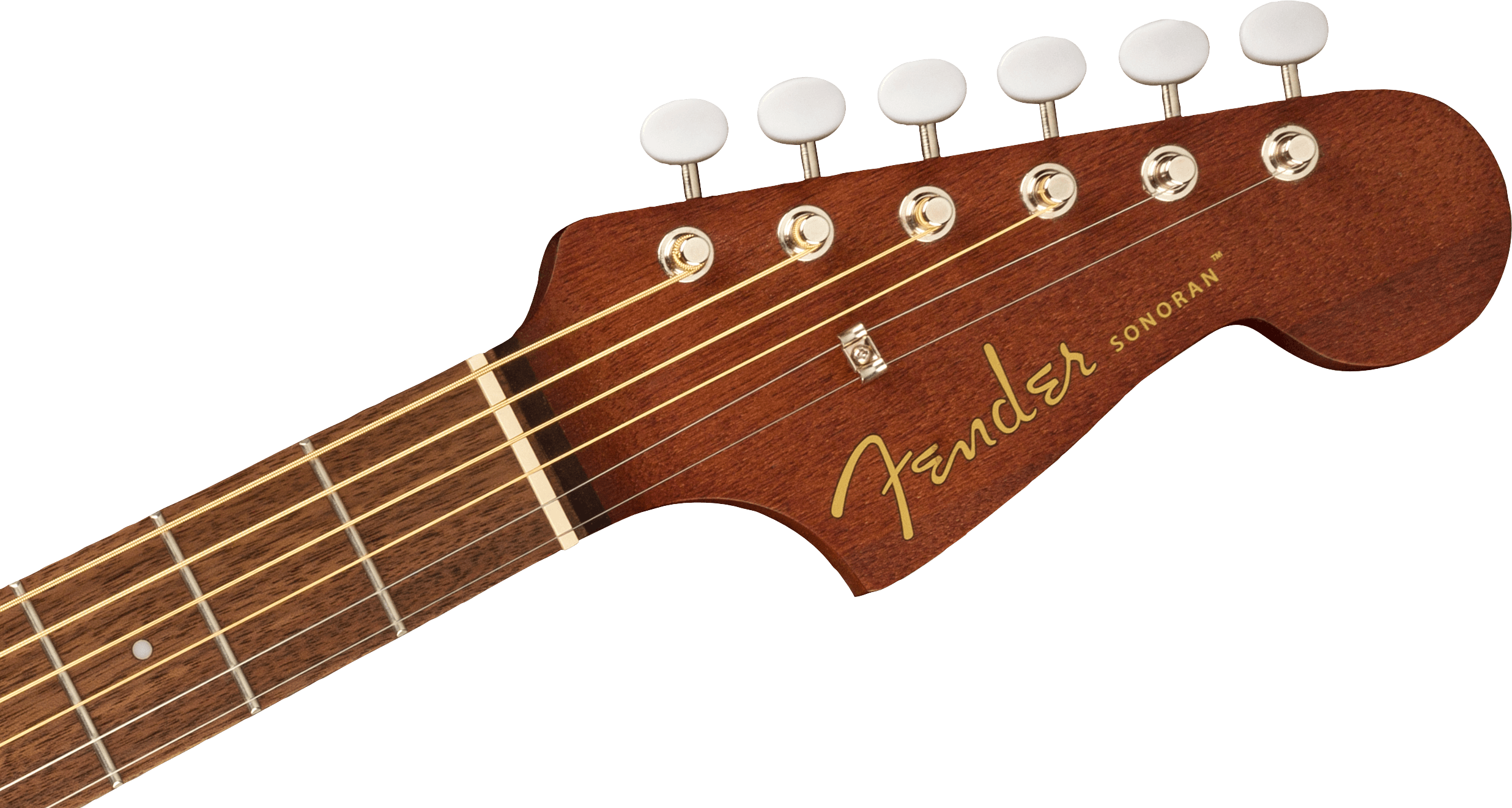 Close-up of a Fender Sonoran acoustic guitar headstock, showing six white tuning pegs and gold logo on dark wood.