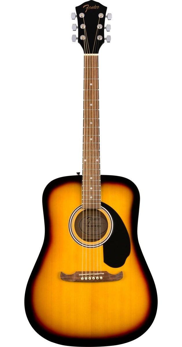 Fender acoustic guitar with a sunburst finish, six strings, black pickguard, light-colored fretboard, and rounded body edges.