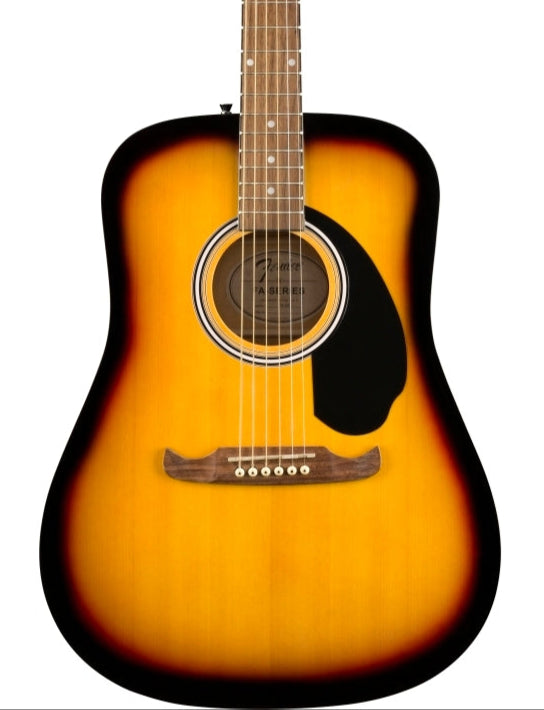 Sunburst acoustic guitar with a yellow-to-black gradient body, black pickguard, six strings, and a wooden bridge with white bridge pins.