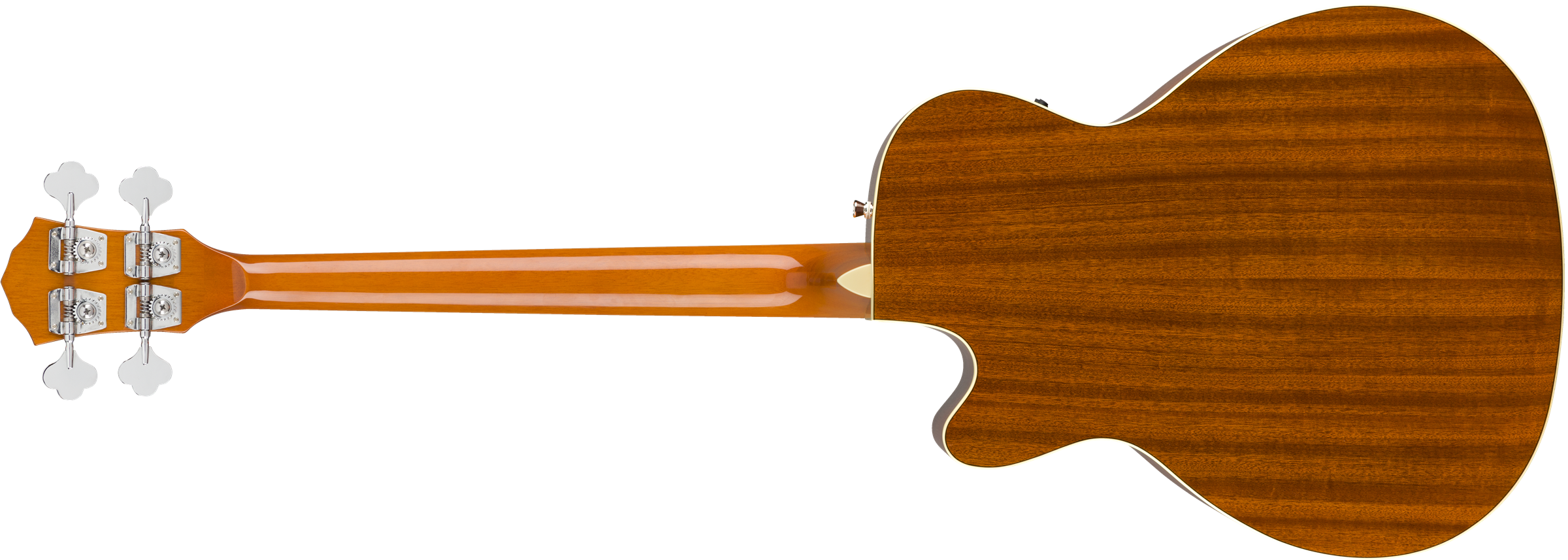 Back view of a hollow-body bass guitar with a glossy brown wood finish, cream binding, and four chrome tuning pegs on the headstock.