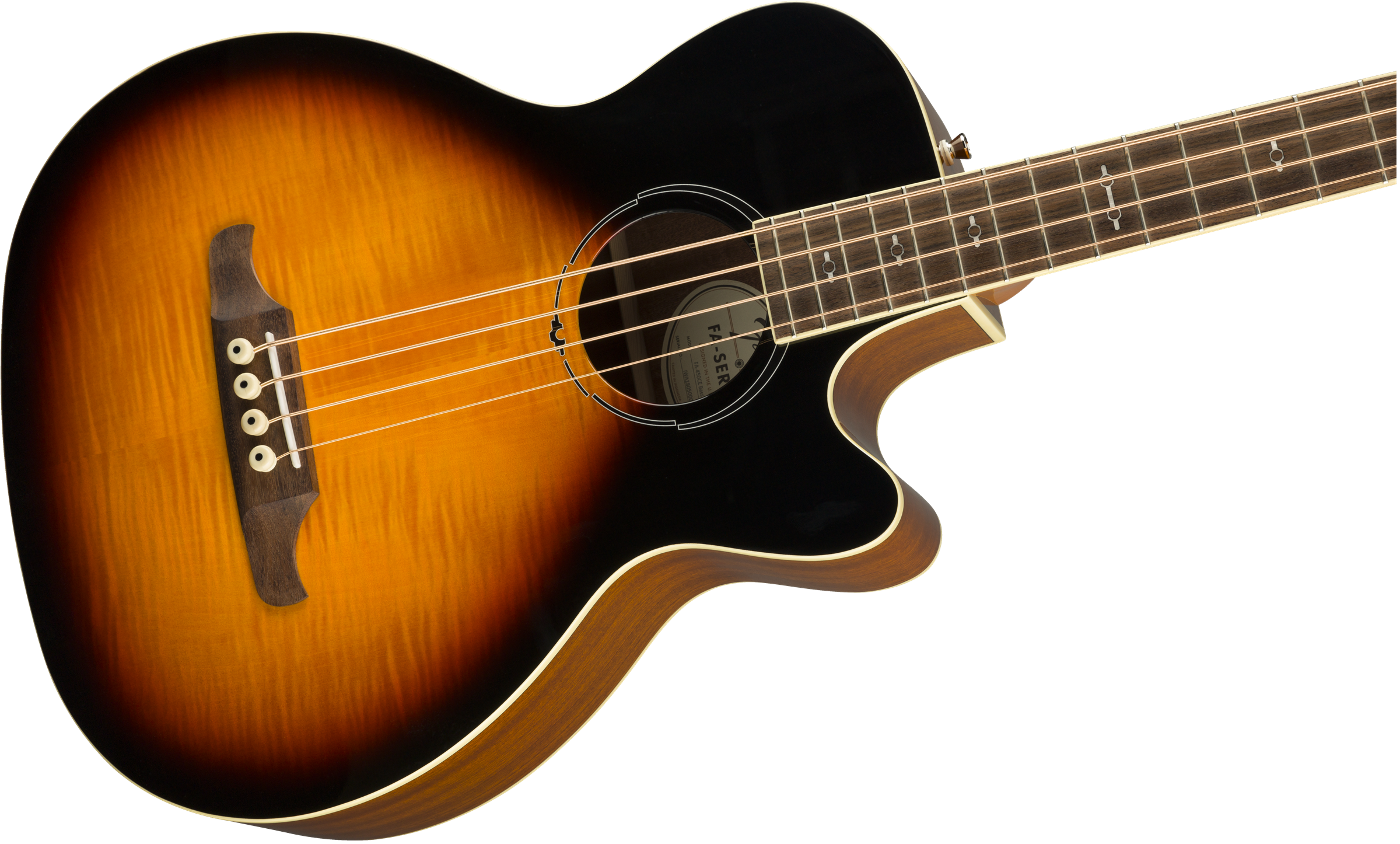 Acoustic bass guitar with a sunburst finish, cutaway body, four strings, dark wood bridge, and round sound hole with light wood binding around the edges.