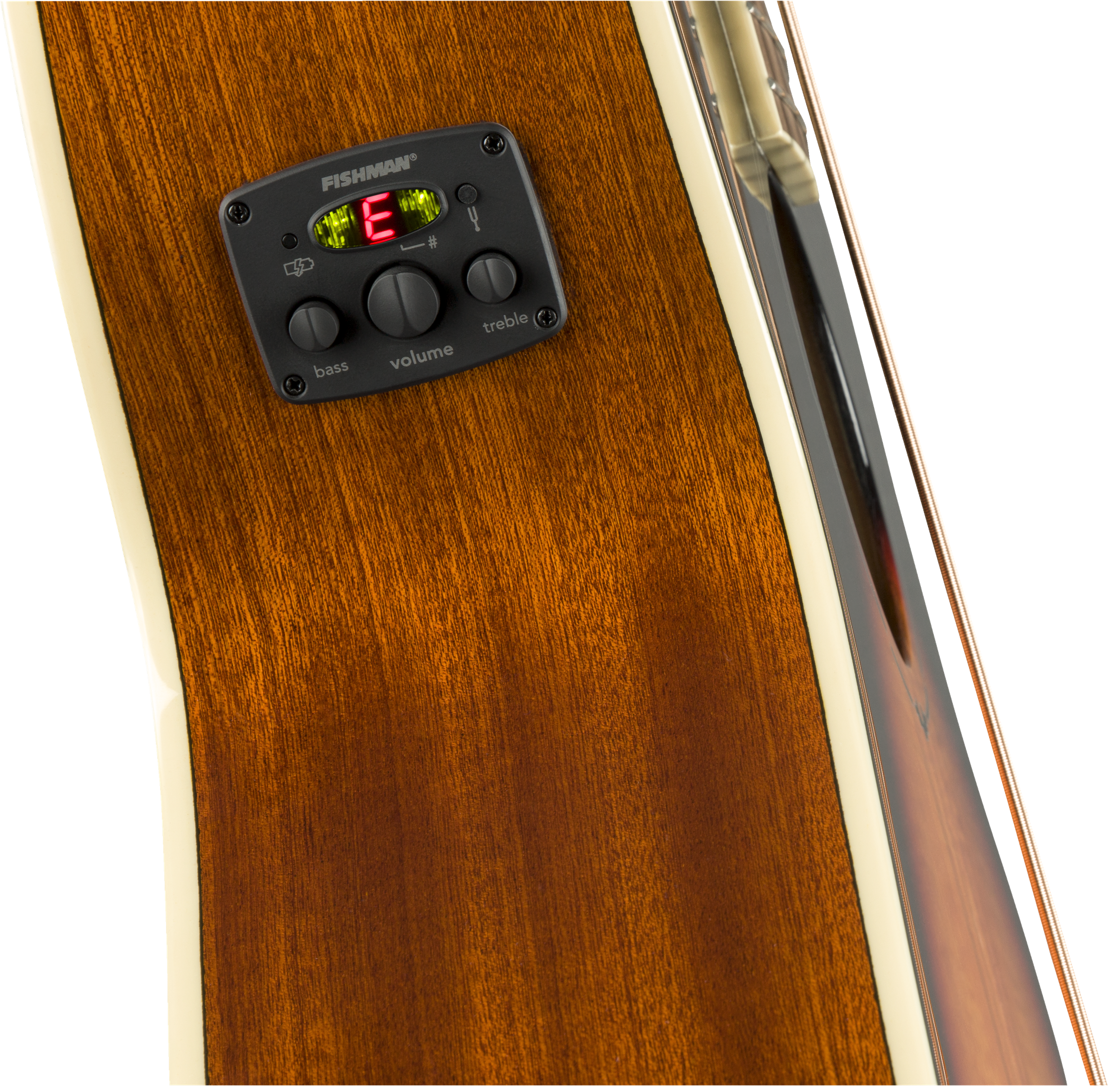 Side view of a bass guitar body with a built-in Fishman preamp, tuner displaying "E", and bass, volume, and treble control knobs.
