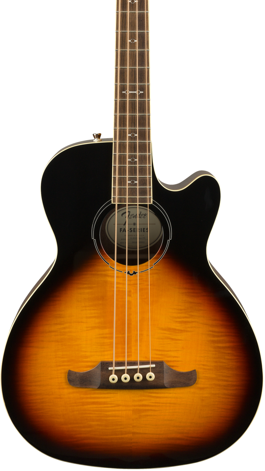 Sunburst acoustic bass guitar with four strings, a cutaway body, and a round soundhole labeled “Fender FA Series” on the inner label.