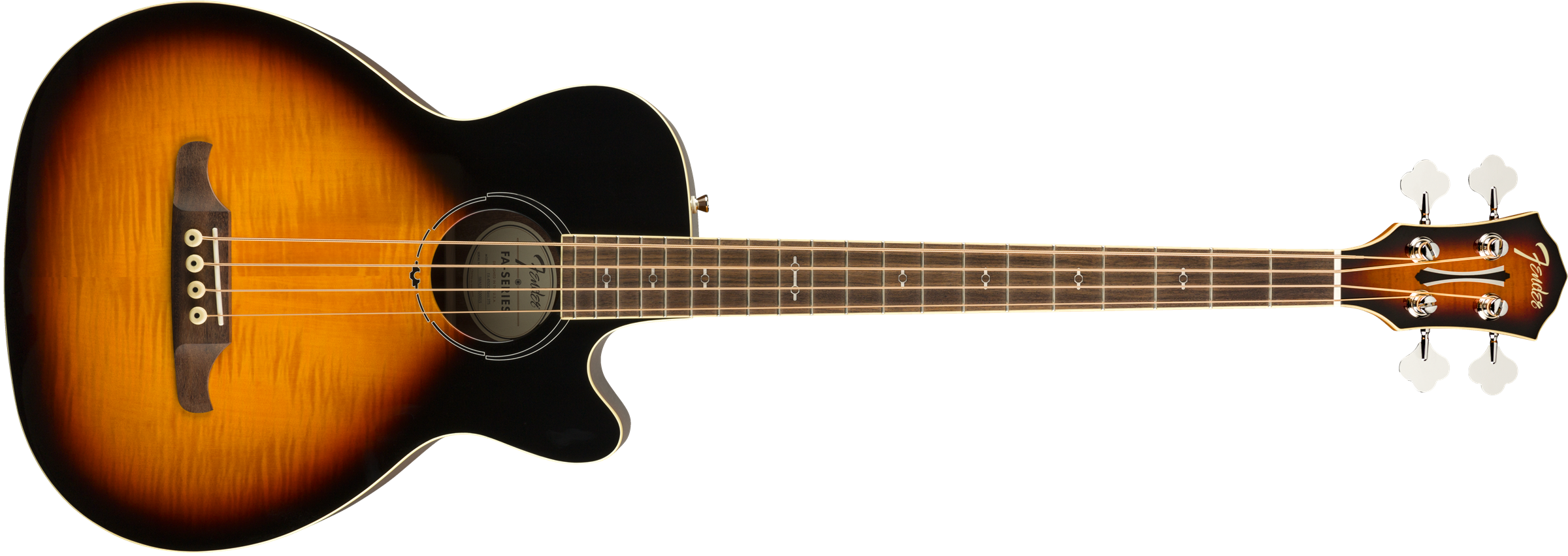 Sunburst acoustic bass guitar with four strings, a circular sound hole, wooden bridge, dot inlays on fretboard, and chrome tuning pegs.
