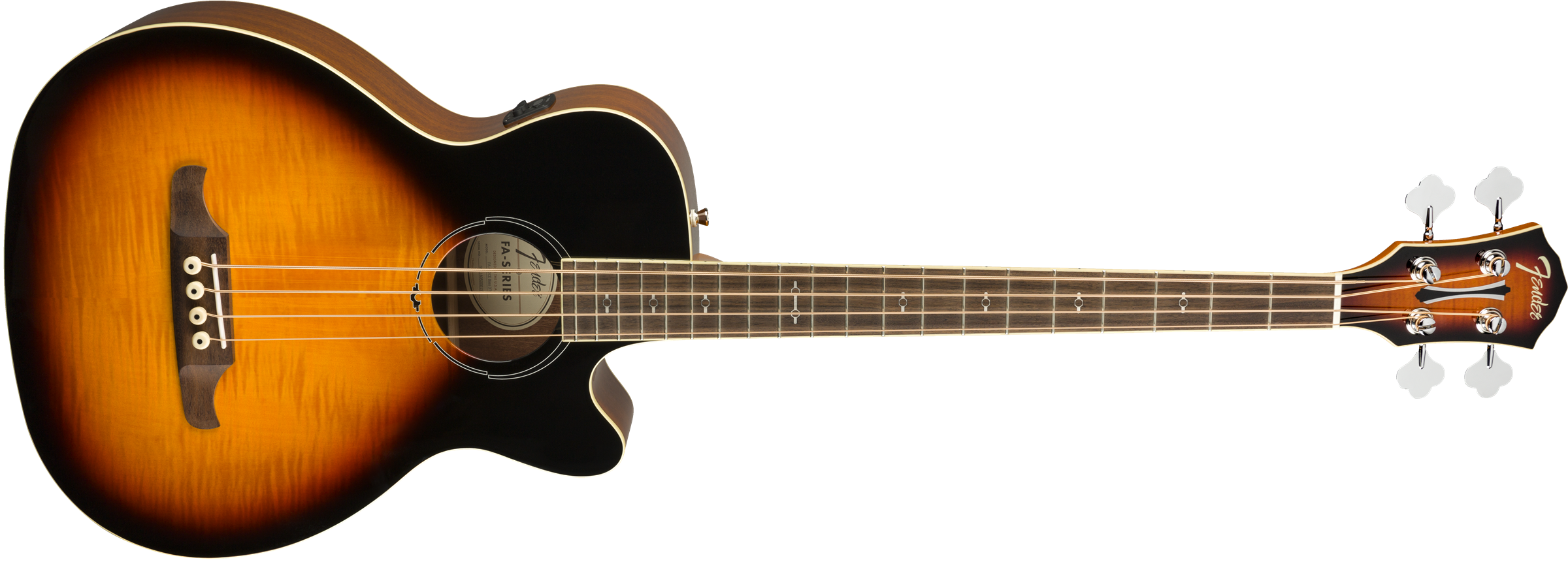 Sunburst acoustic bass guitar with four strings, a cutaway body, dark edges, wooden bridge, round soundhole, and chrome tuning pegs.