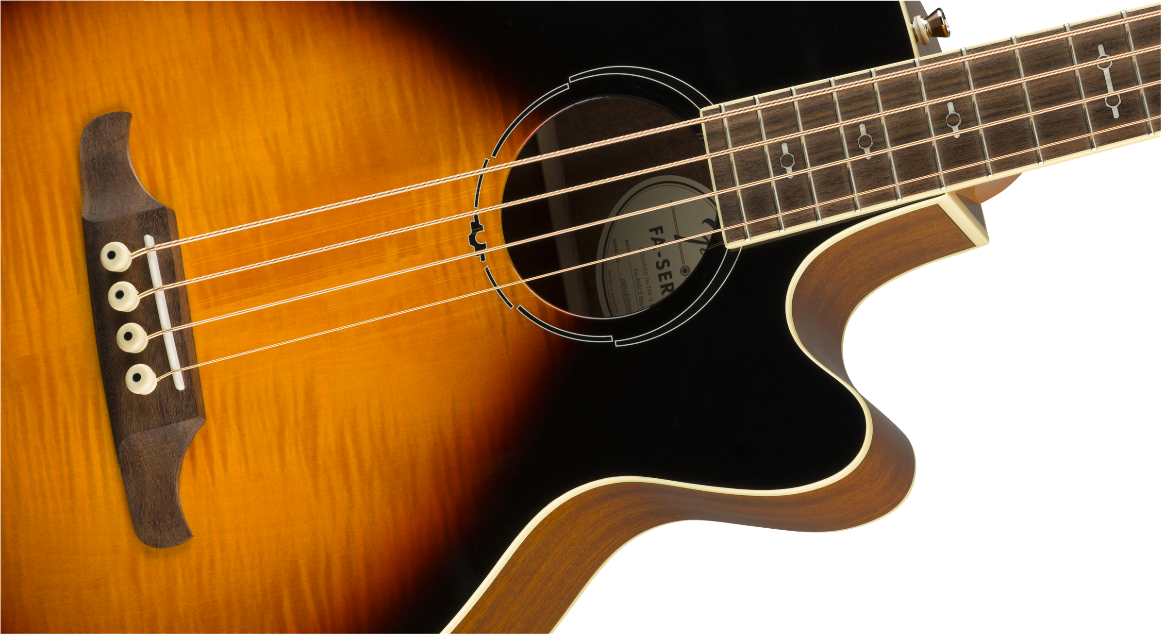 Sunburst acoustic bass guitar close-up showing four strings, wooden bridge with white pins, round sound hole, and part of the neck with inlay markers.