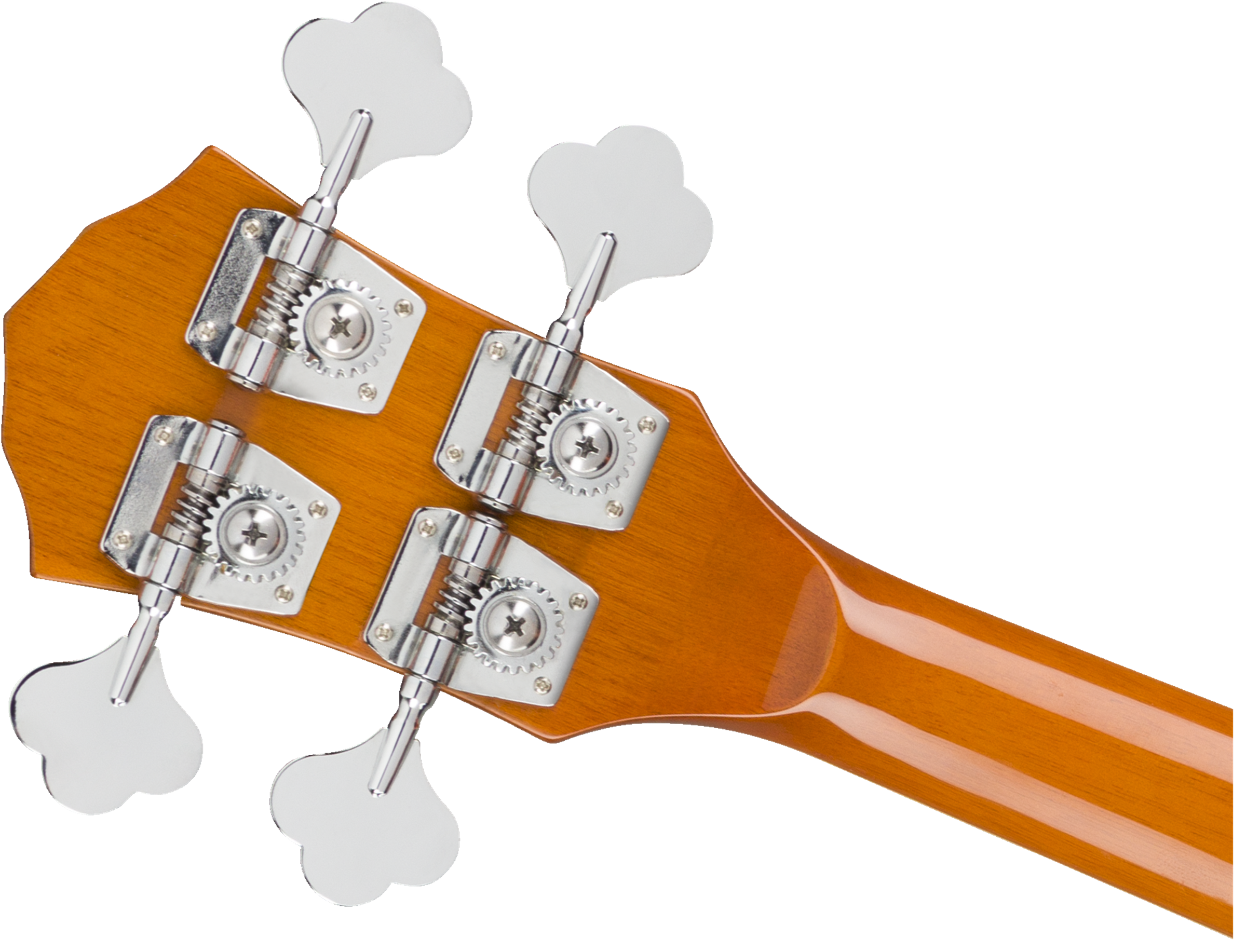 Back of a bass guitar headstock showing four chrome tuning pegs and a glossy light brown wood finish on the neck.