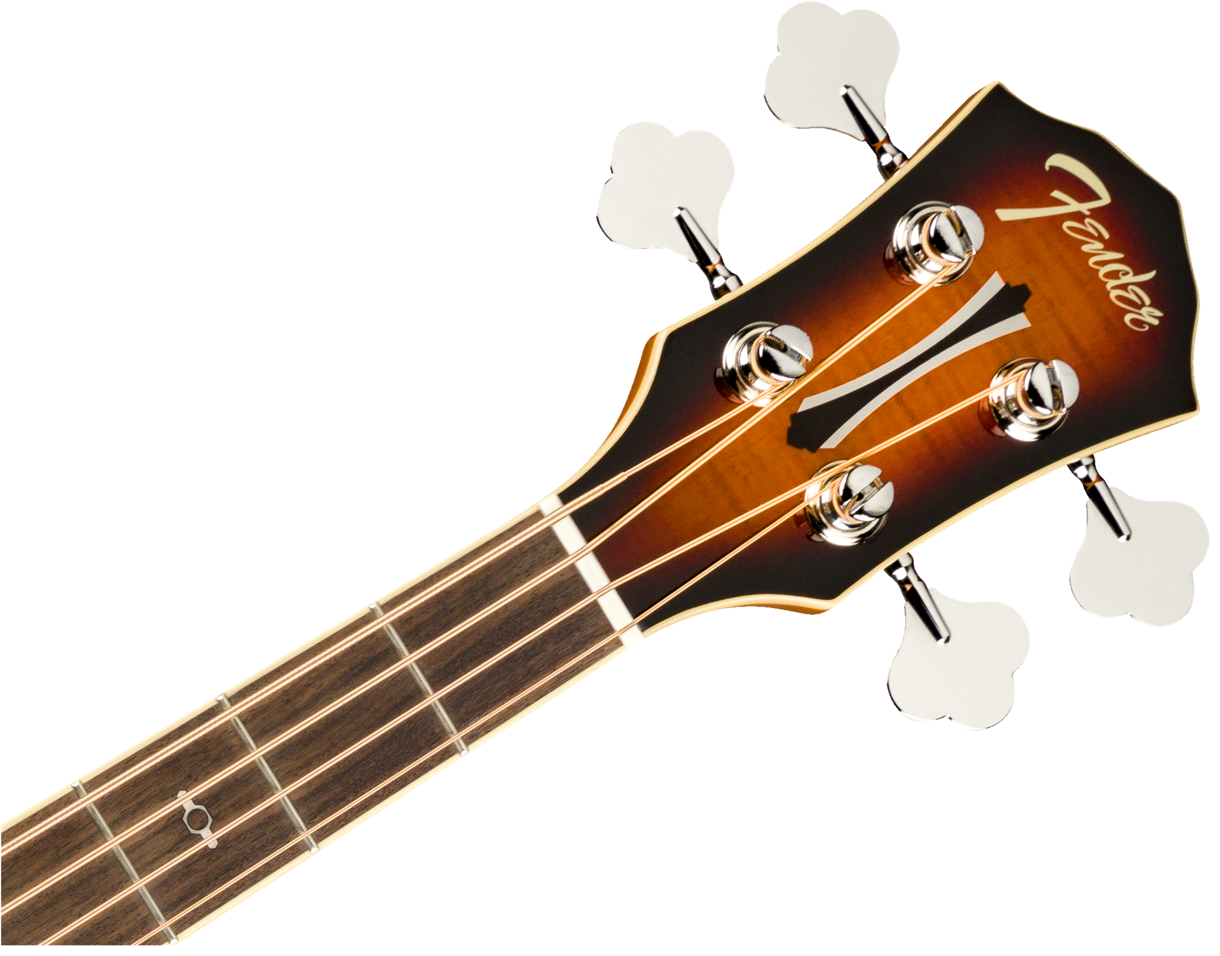 Fender bass guitar headstock with four tuning pegs, sunburst finish, and visible strings on a dark wood fretboard.