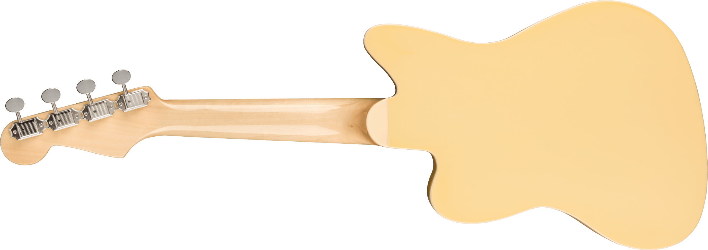 Light yellow ukulele shown from the back, displaying four silver tuning pegs and a smooth, glossy finish on the body and neck.