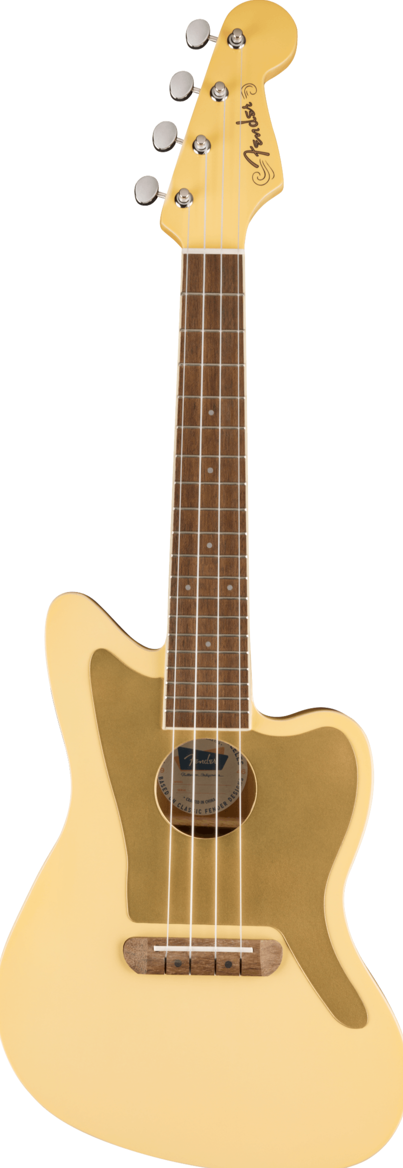 Cream-colored ukulele with a unique offset body shape, gold pickguard, four strings, and a Fender-branded headstock with four tuning pegs.
