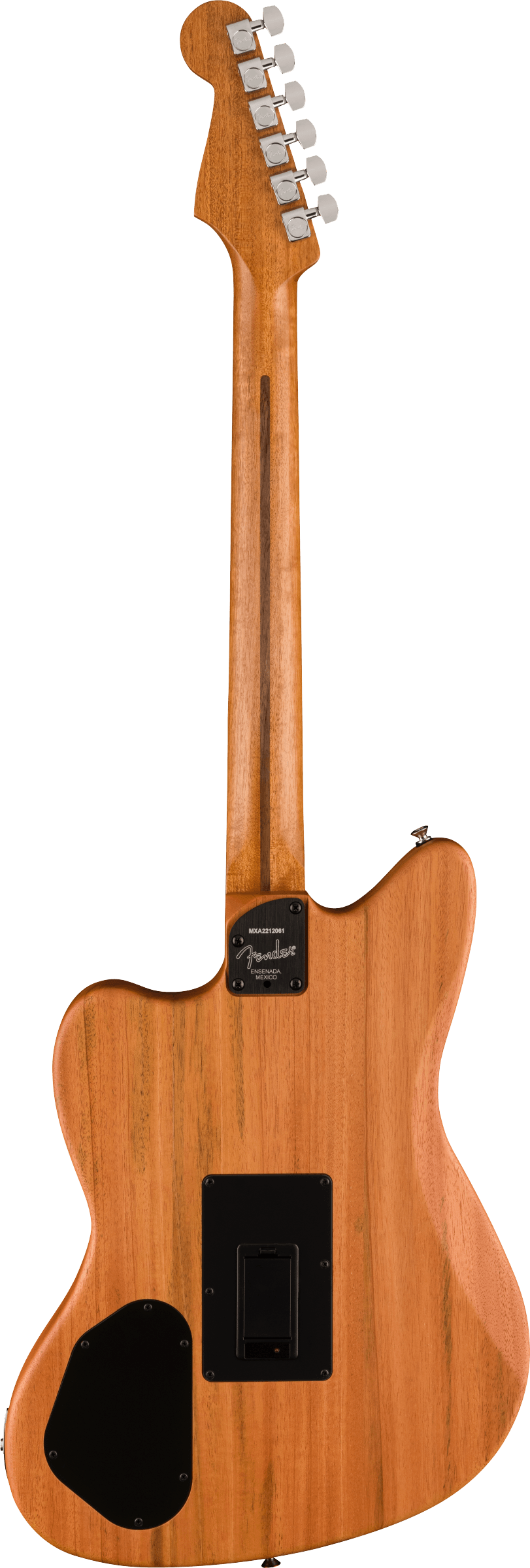 Light brown electric guitar viewed from the back, showing six tuning pegs, a maple neck with a skunk stripe, and three black control cavity plates.