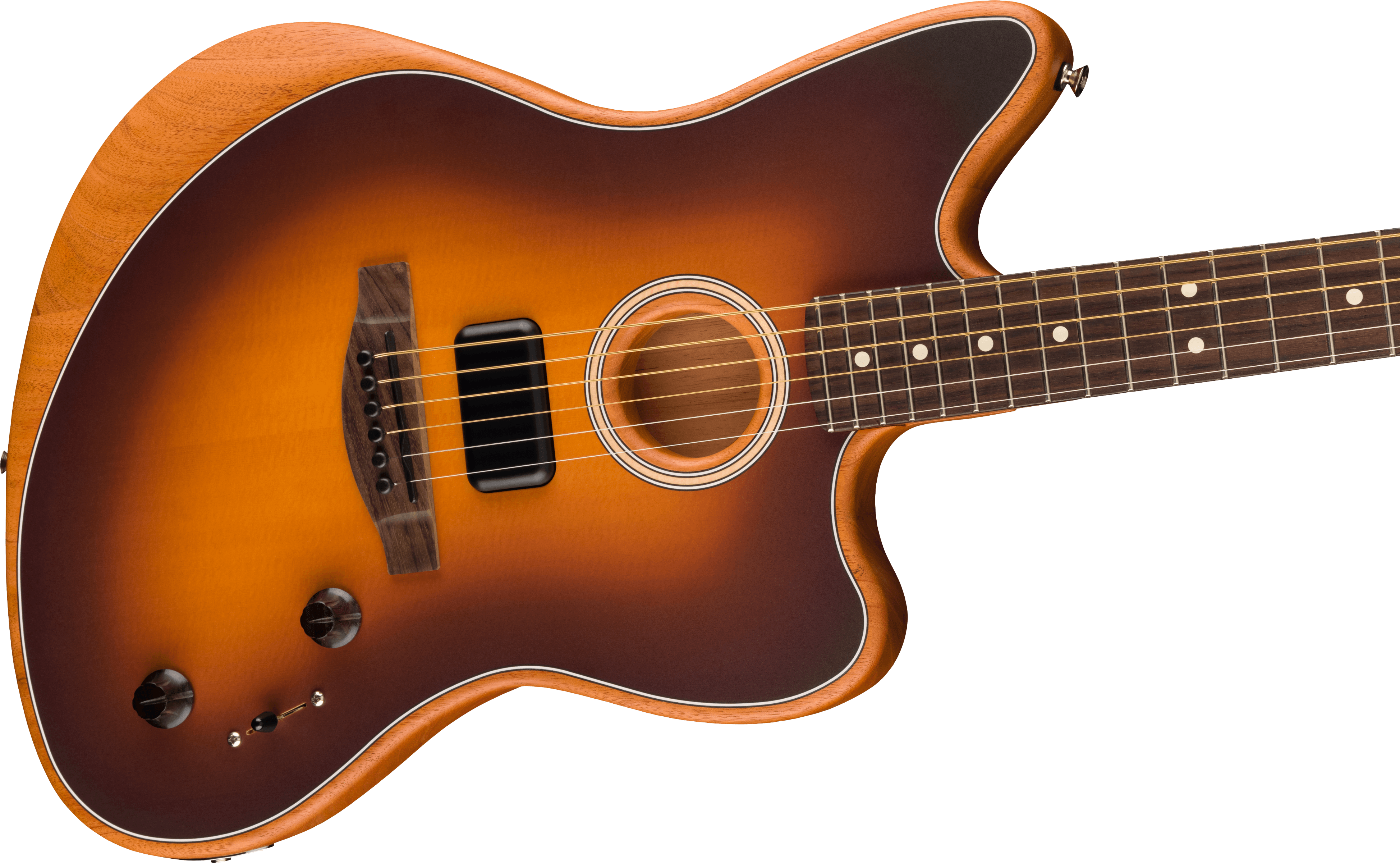 Sunburst-finish electric-acoustic guitar with a single cutaway, two control knobs, and a round soundhole near a dark wooden bridge and pickup.