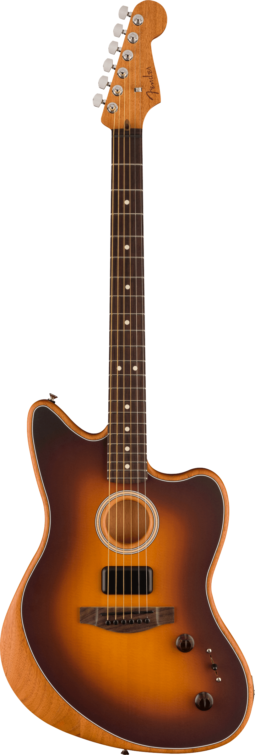 Sunburst finish electric and acoustic guitar with a cutaway body, six strings, two control knobs, a pickup, and a round sound hole.