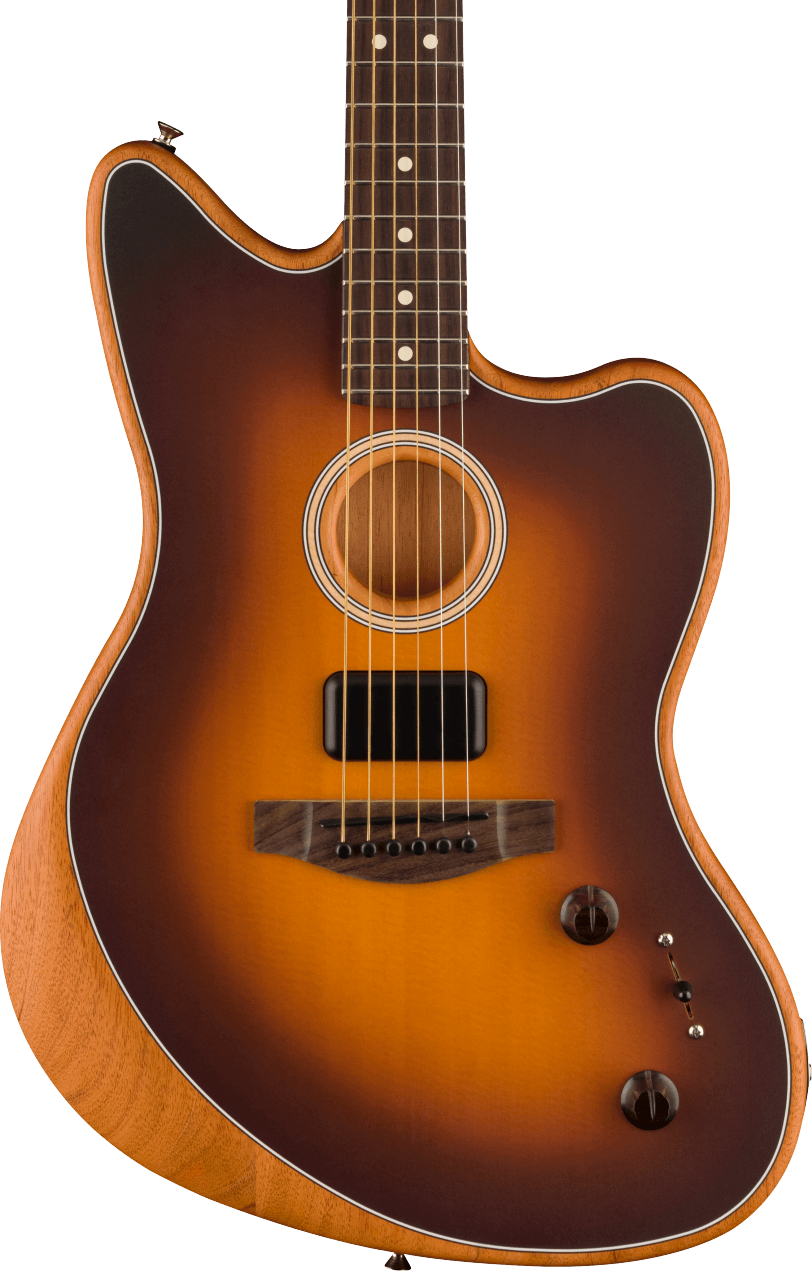 Sunburst finish electric-acoustic guitar with a single cutaway, round sound hole, six strings, two control knobs, and a visible black pickup.