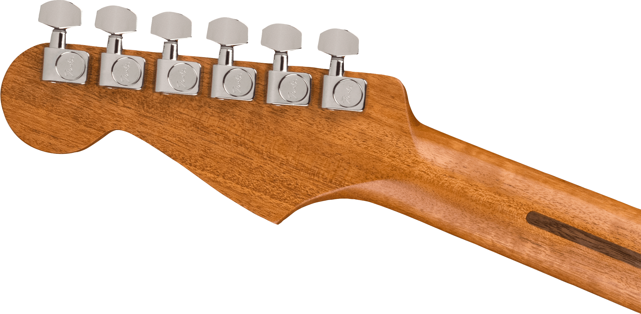 Back of a guitar headstock with six chrome tuning pegs, attached to a smooth, light brown wooden neck.