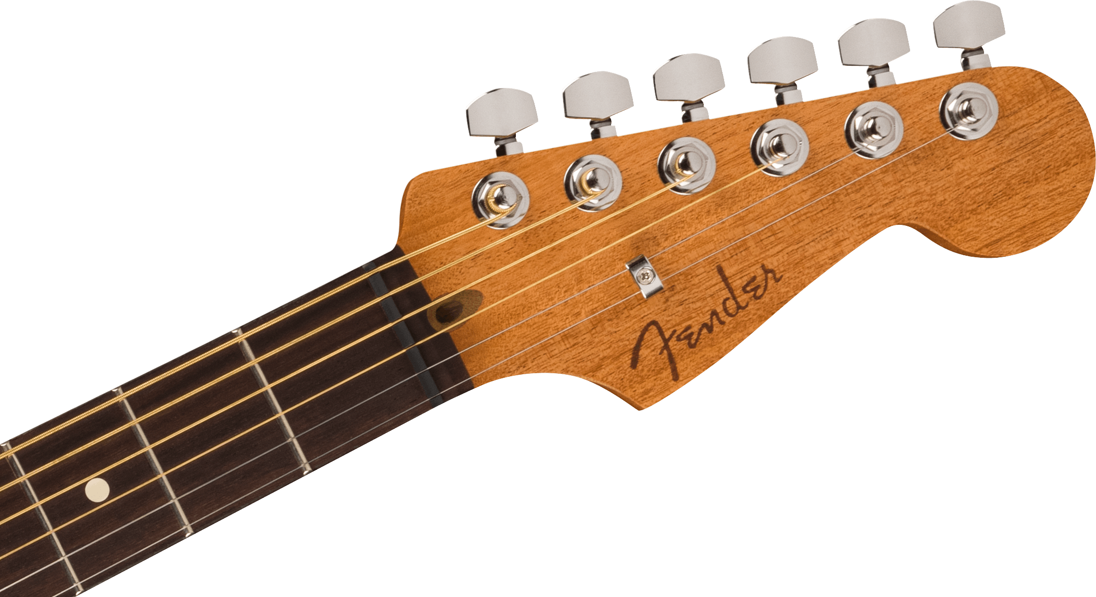 Light brown Fender guitar headstock with six chrome tuning pegs, dark wood fretboard, and gold strings.