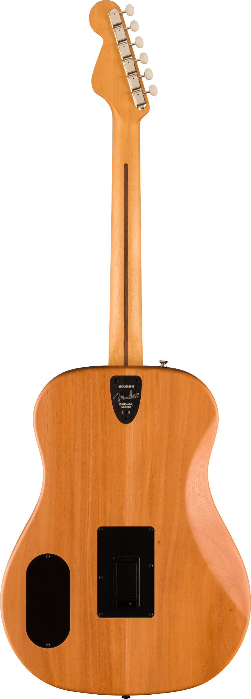 Back view of a Fender acoustic guitar in natural wood finish, featuring two black access panels and silver tuning pegs on the headstock.