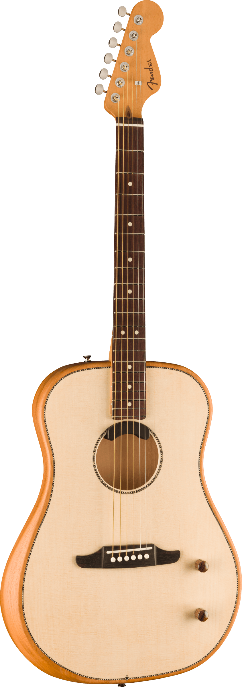 Fender acoustic guitar with light wood top, dark wooden fretboard, six strings, two wooden control knobs, and a rounded body shape.