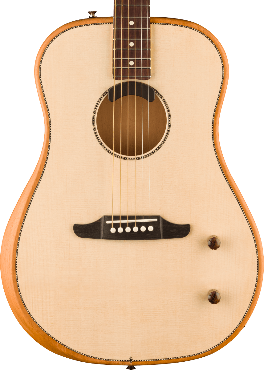 Light wood acoustic guitar with six strings, a round sound hole, two brown control knobs on the lower right, and a dark wooden bridge.