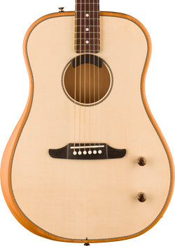 Guitare acoustique à caisse claire, table en bois clair, six cordes, deux boutons de réglage marron en bas à droite, rosace décorée autour de l'ouverture.