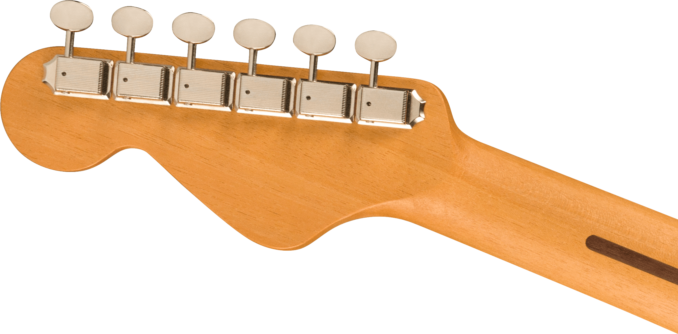 Light wood guitar headstock with six metal tuning pegs arranged in a row, viewed from the back.