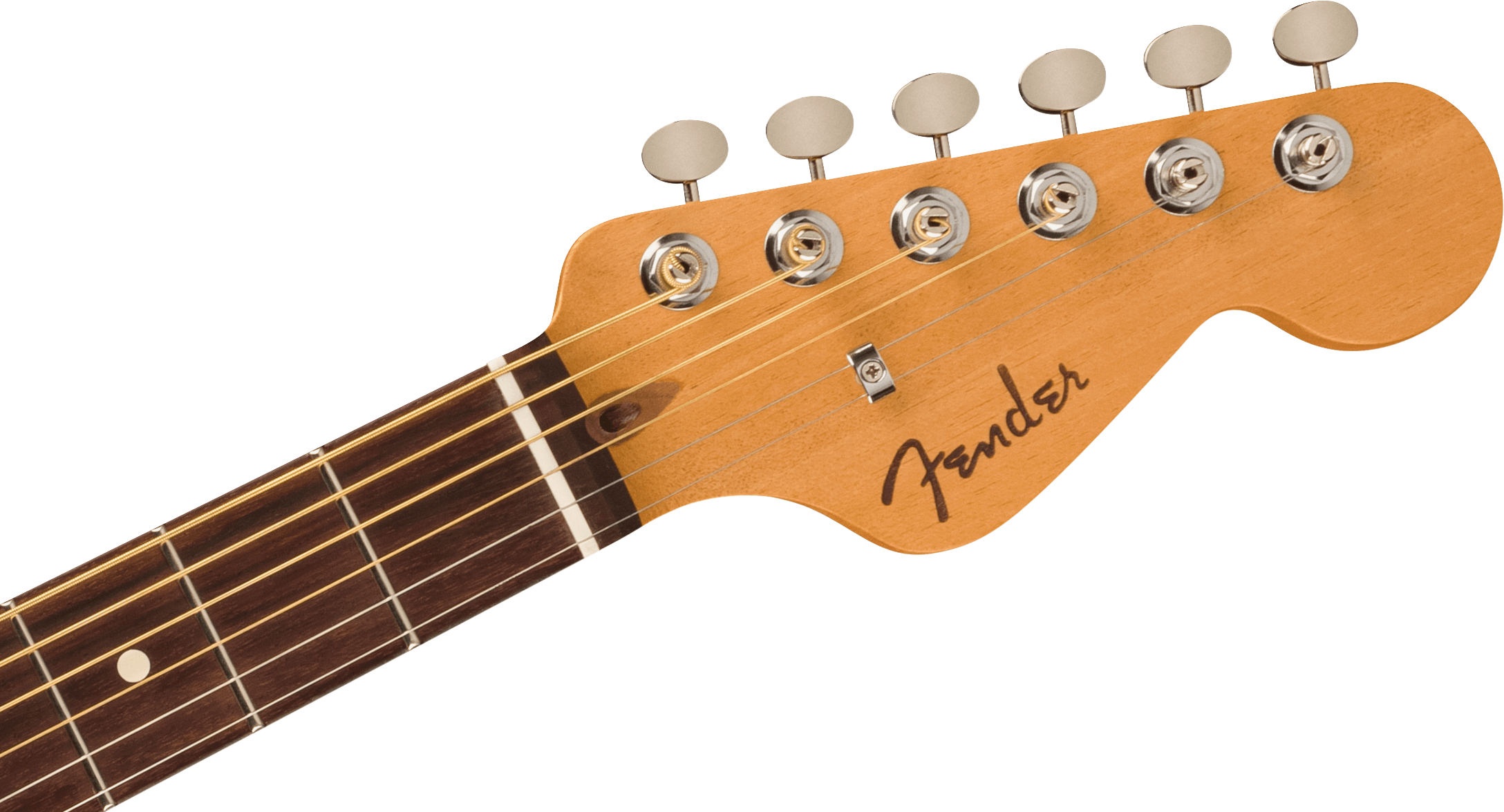 Light wood Fender guitar headstock with six tuning pegs and part of a dark wood fretboard with dot inlays.