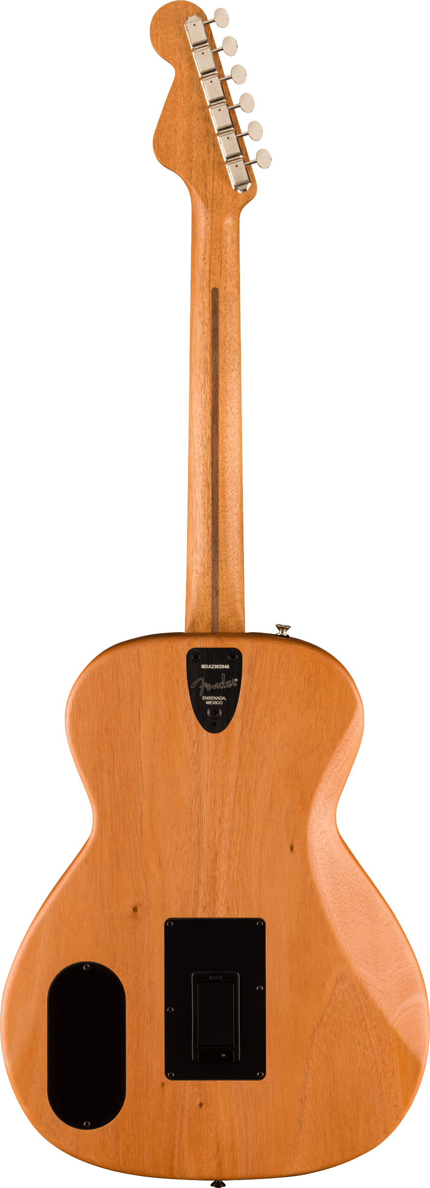 Light brown acoustic guitar viewed from the back, showing a natural wood finish, tuning pegs, and two black access panels on the body.