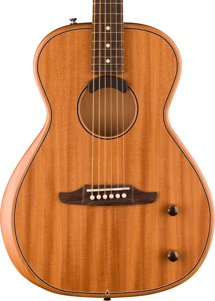 Small-bodied acoustic guitar with six steel strings, a wooden bridge, two round control knobs, and a circular sound hole with dark edge accents.