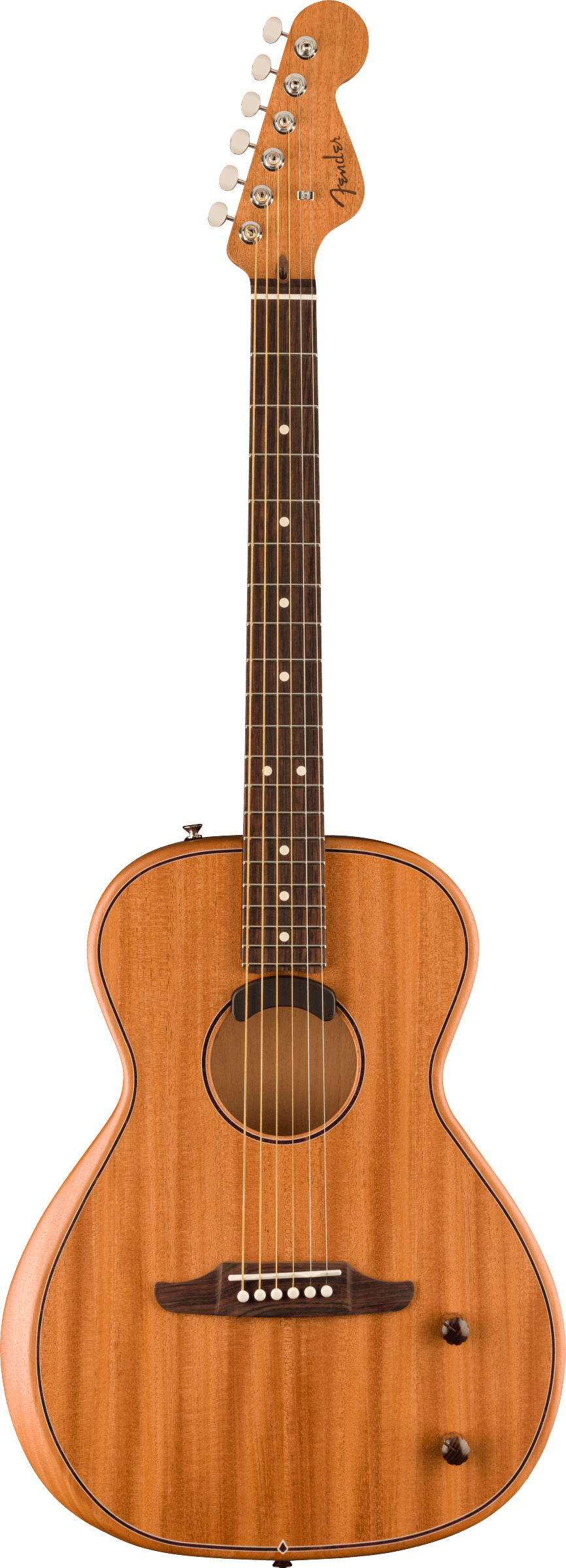 Light brown acoustic guitar with a small, rounded body, six strings, two control knobs, and a Fender-branded headstock with six tuning pegs.