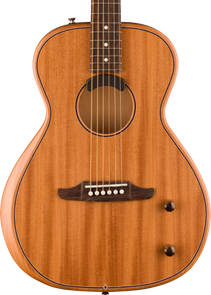 Small-bodied acoustic guitar with six steel strings, a wooden bridge, two round control knobs, and a circular sound hole with dark edge accents.