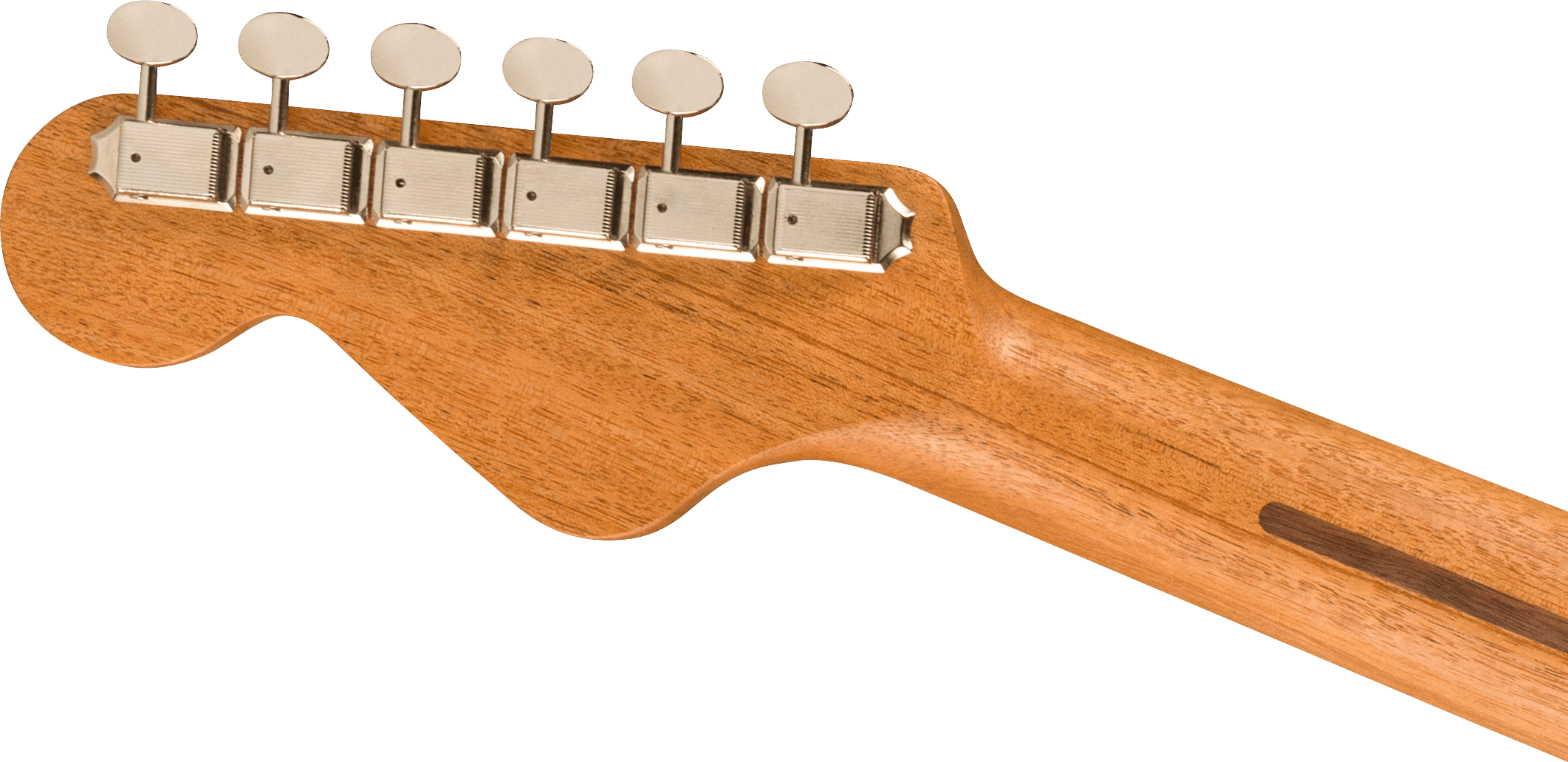 Six chrome tuning pegs line the headstock of a natural finished acoustic guitar neck made of light brown wood.