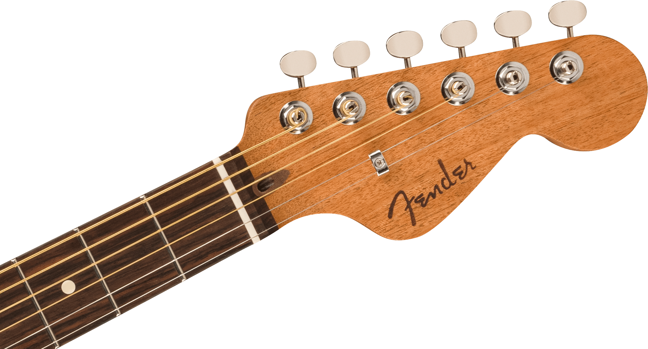Close-up of a Fender acoustic guitar headstock with six tuning pegs, metal strings, and a rosewood fretboard.