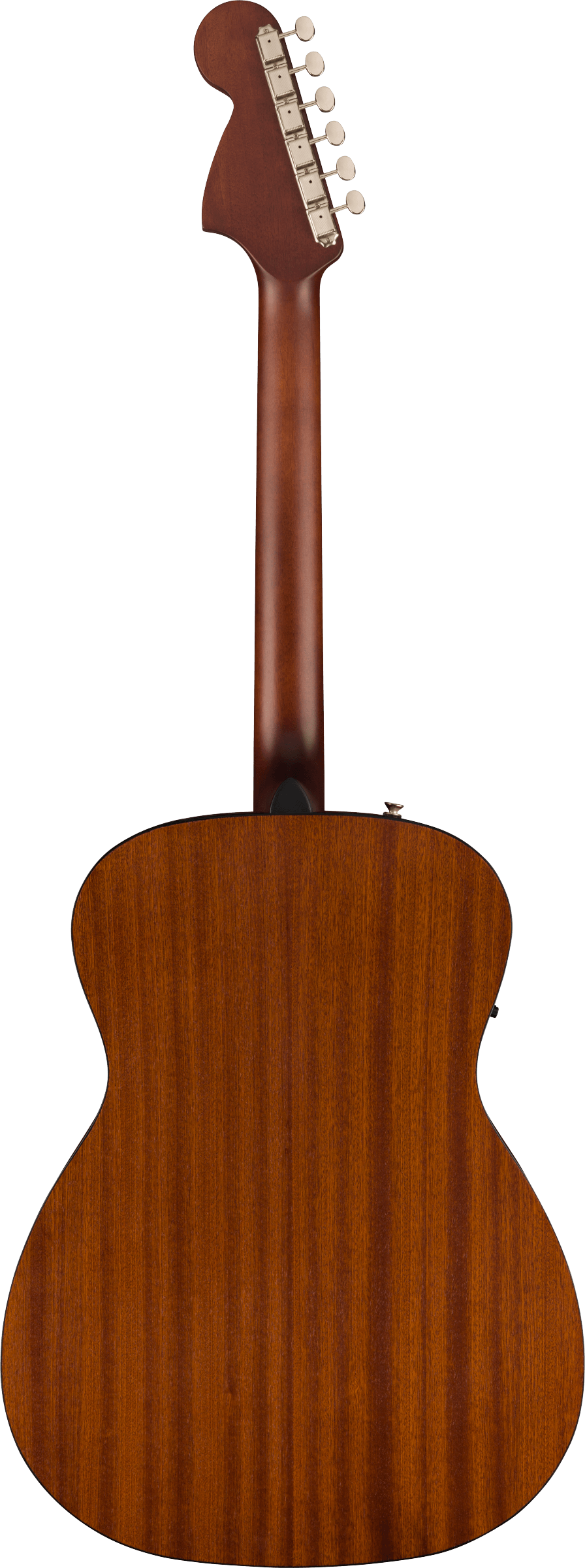 Back view of an acoustic guitar showing a smooth, reddish-brown wooden finish with a contoured neck and six tuning pegs.