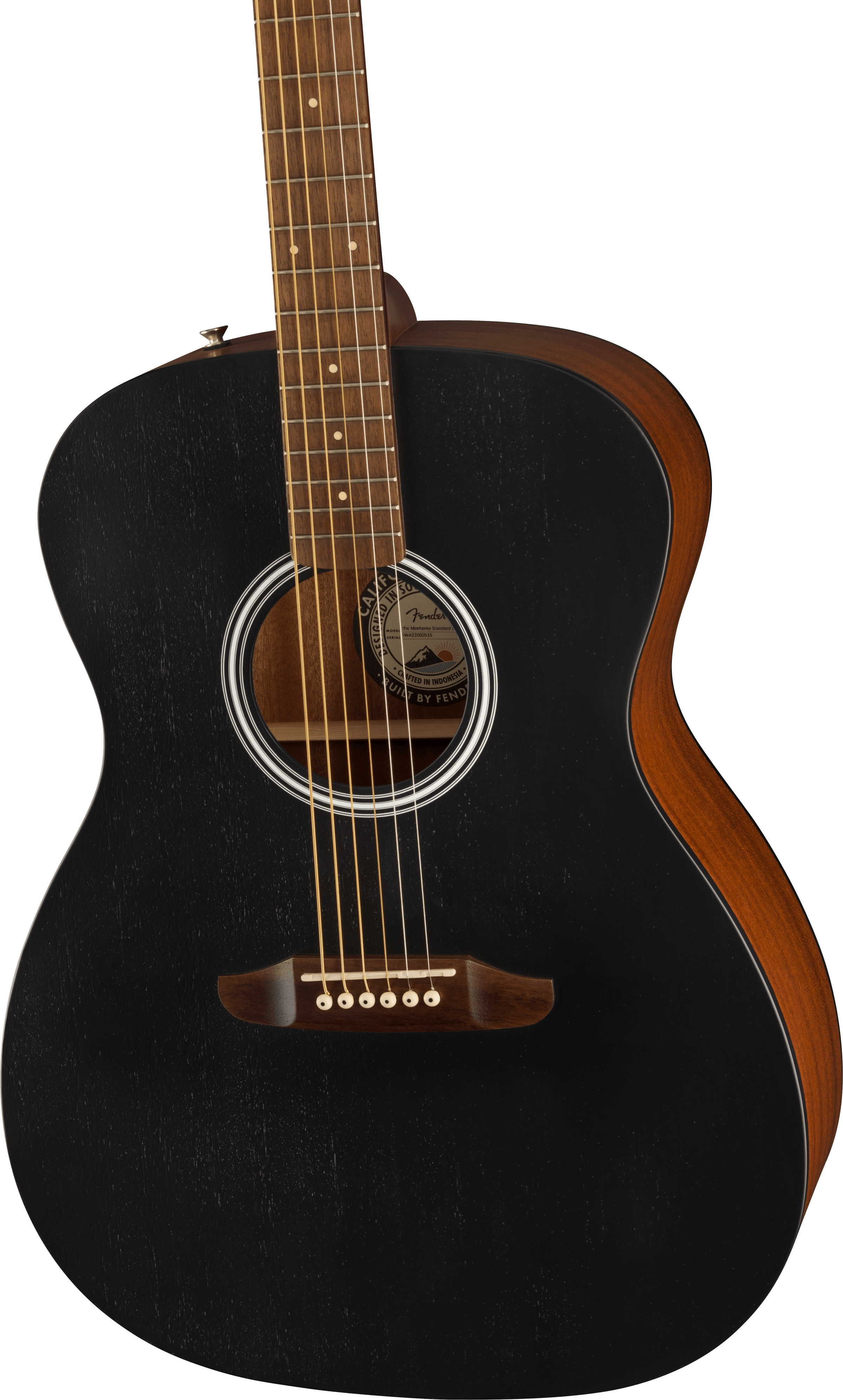 Acoustic guitar with a matte black top, natural brown sides, six steel strings, circular sound hole, and white ring detail around the hole.