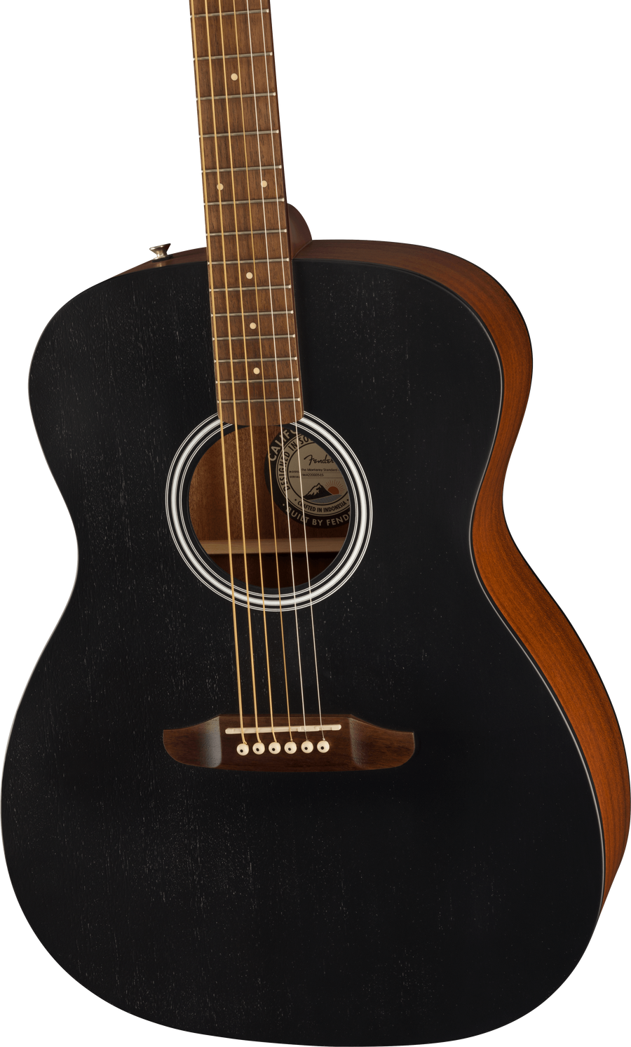 Acoustic guitar with a matte black top, natural brown sides, six steel strings, circular sound hole, and white ring detail around the hole.