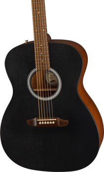 Acoustic guitar with a matte black top, natural brown sides, six steel strings, circular sound hole, and white ring detail around the hole.