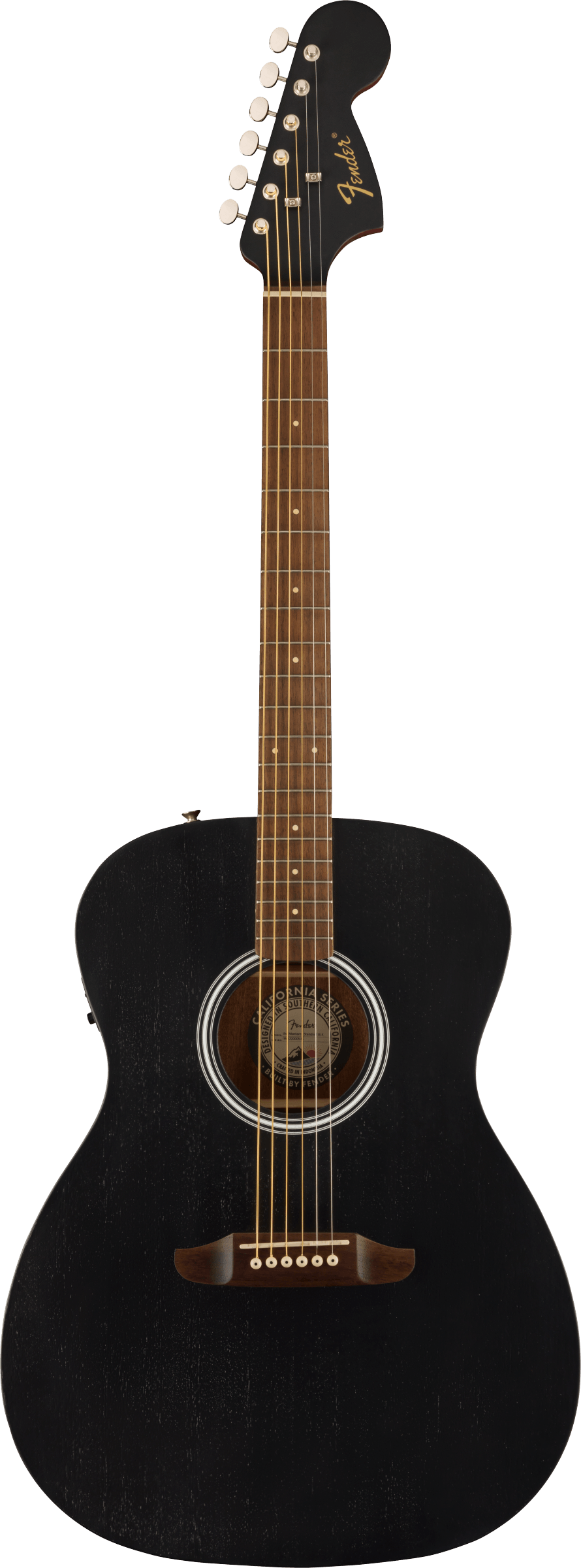 Black acoustic guitar with a natural wood fretboard and bridge, white dot inlays, and a Fender logo on the headstock.