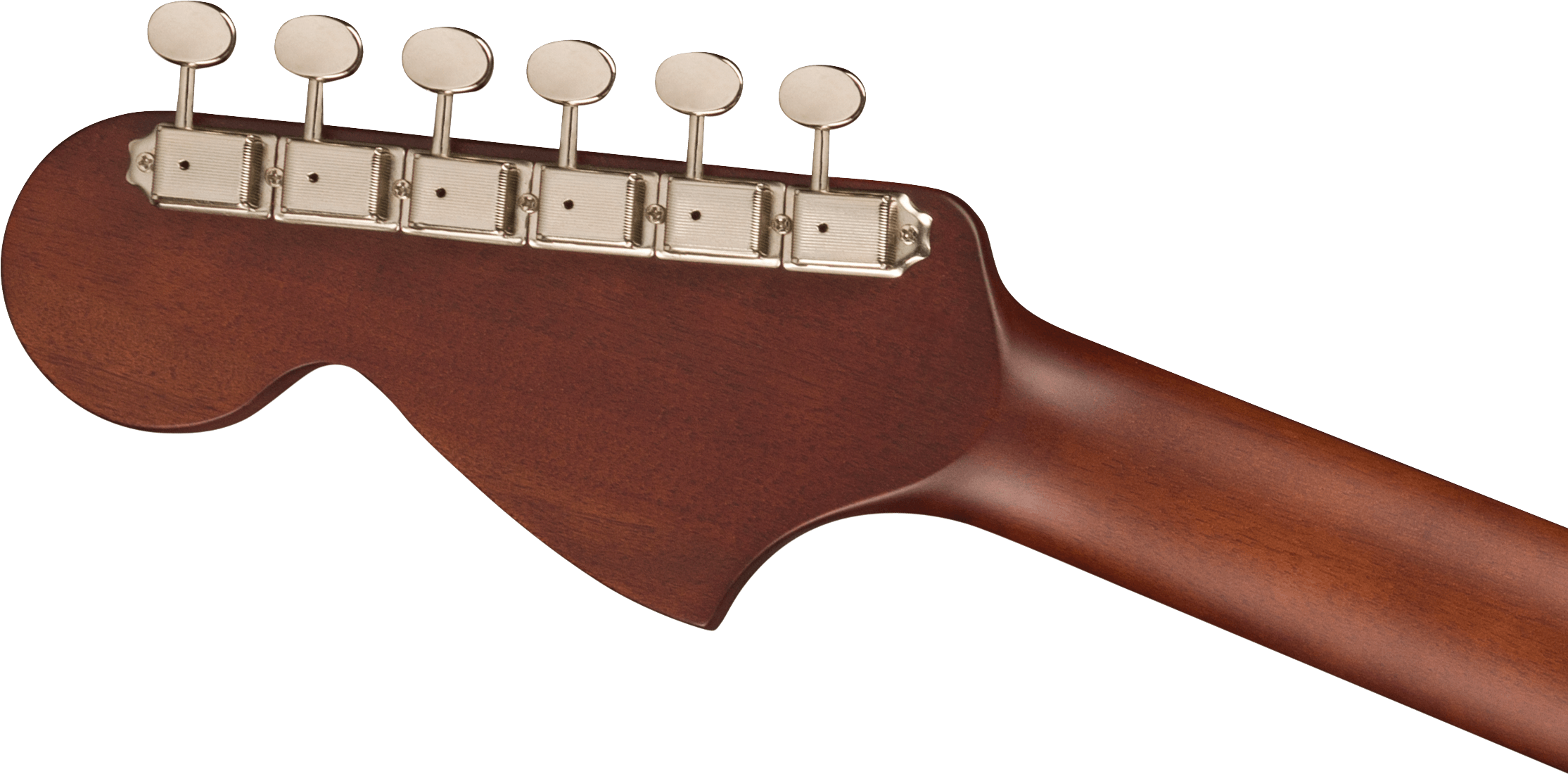 Six metal tuning pegs line the back of a smooth, brown wooden acoustic guitar headstock and neck.