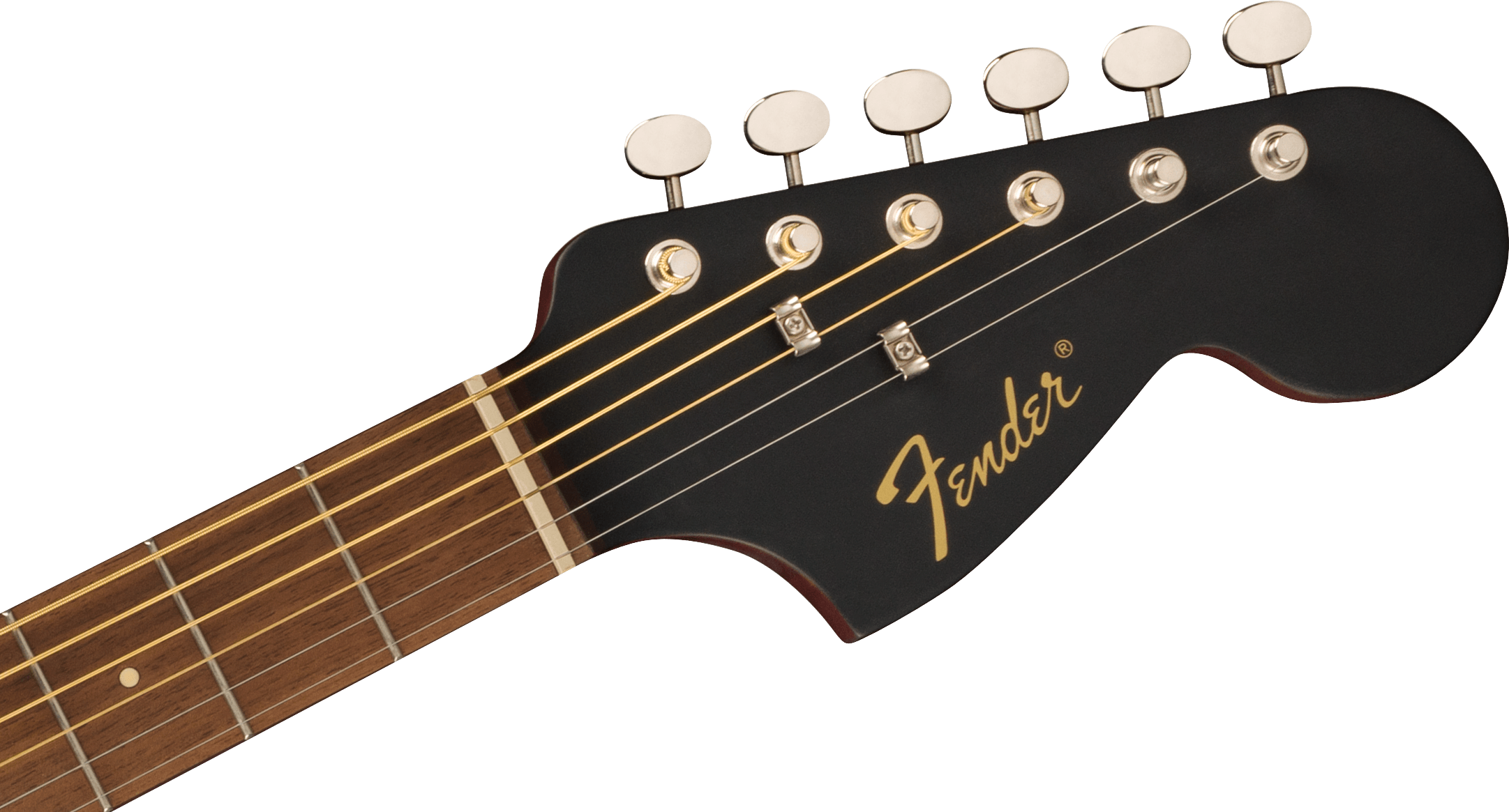 The headstock of a Fender acoustic guitar, black with six tuning pegs, gold Fender logo, and part of a rosewood fretboard with metal frets.