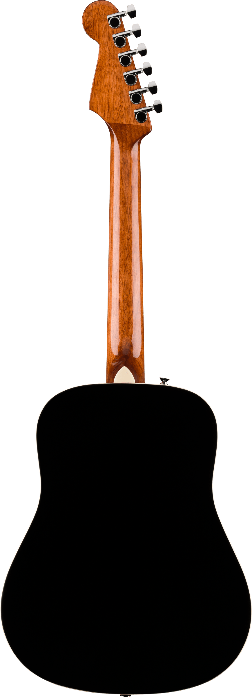 Guitare acoustique vue de dos, caisse noire, manche en bois marron, six mécaniques argentées alignées sur la tête.